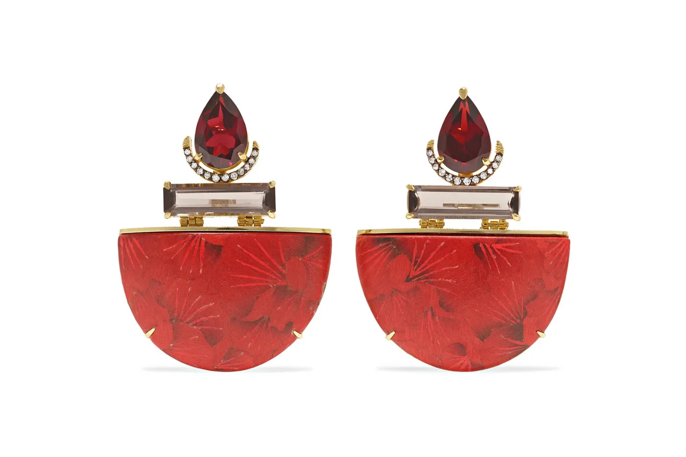 Sylvia Furmanovich marquetry earrings with 4.03 carats of pear-shaped garnets, two octagonal smoky quartzes and light brown diamonds