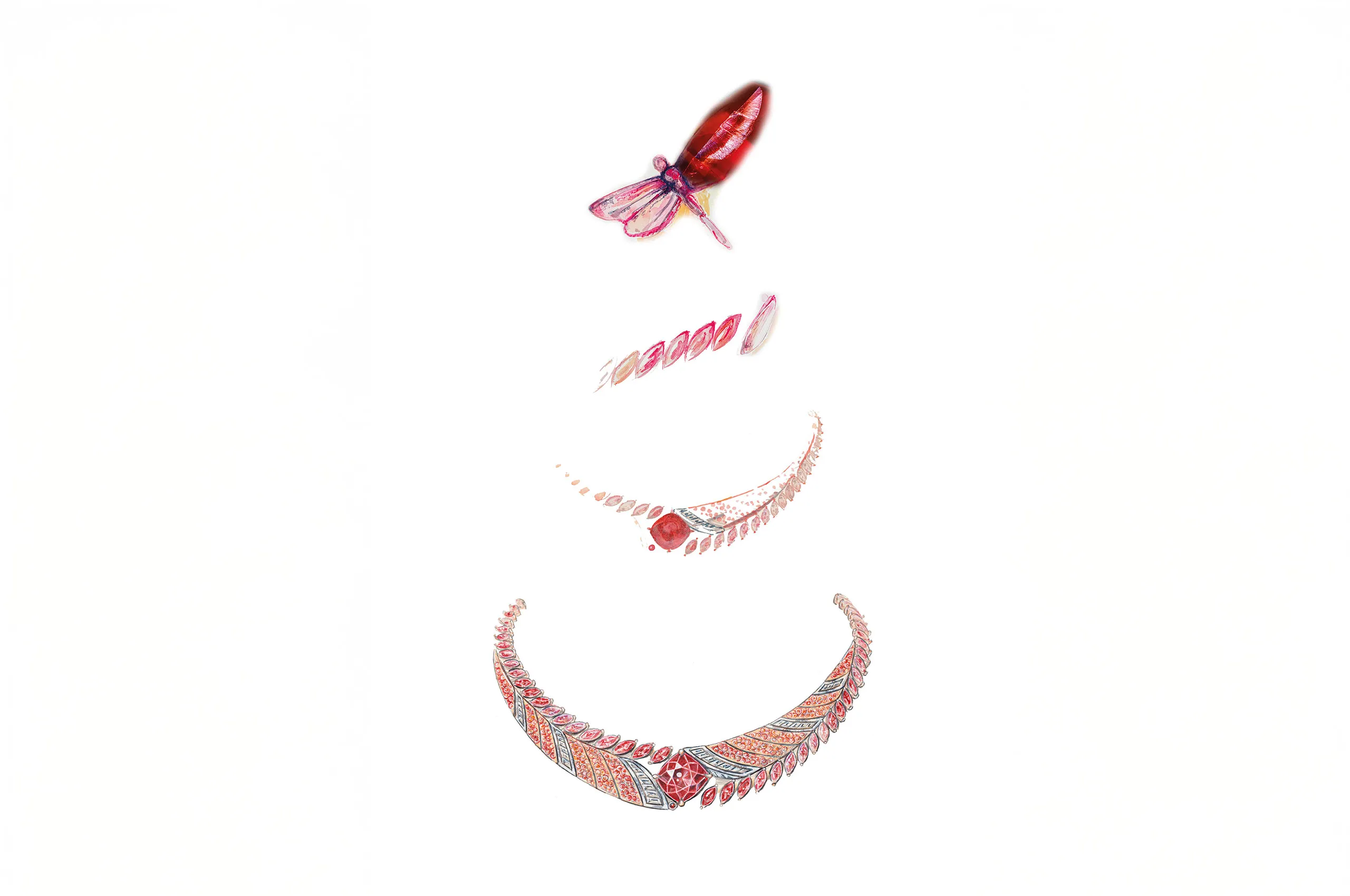 The Tanzanian Sunrise High Jewellery necklace from the House of Gübelin draws inspiration from the internal inclusions found in a 22 carat cushion-shaped Tanzanian red spinel, which reminded the team of a dragonfly in flight 