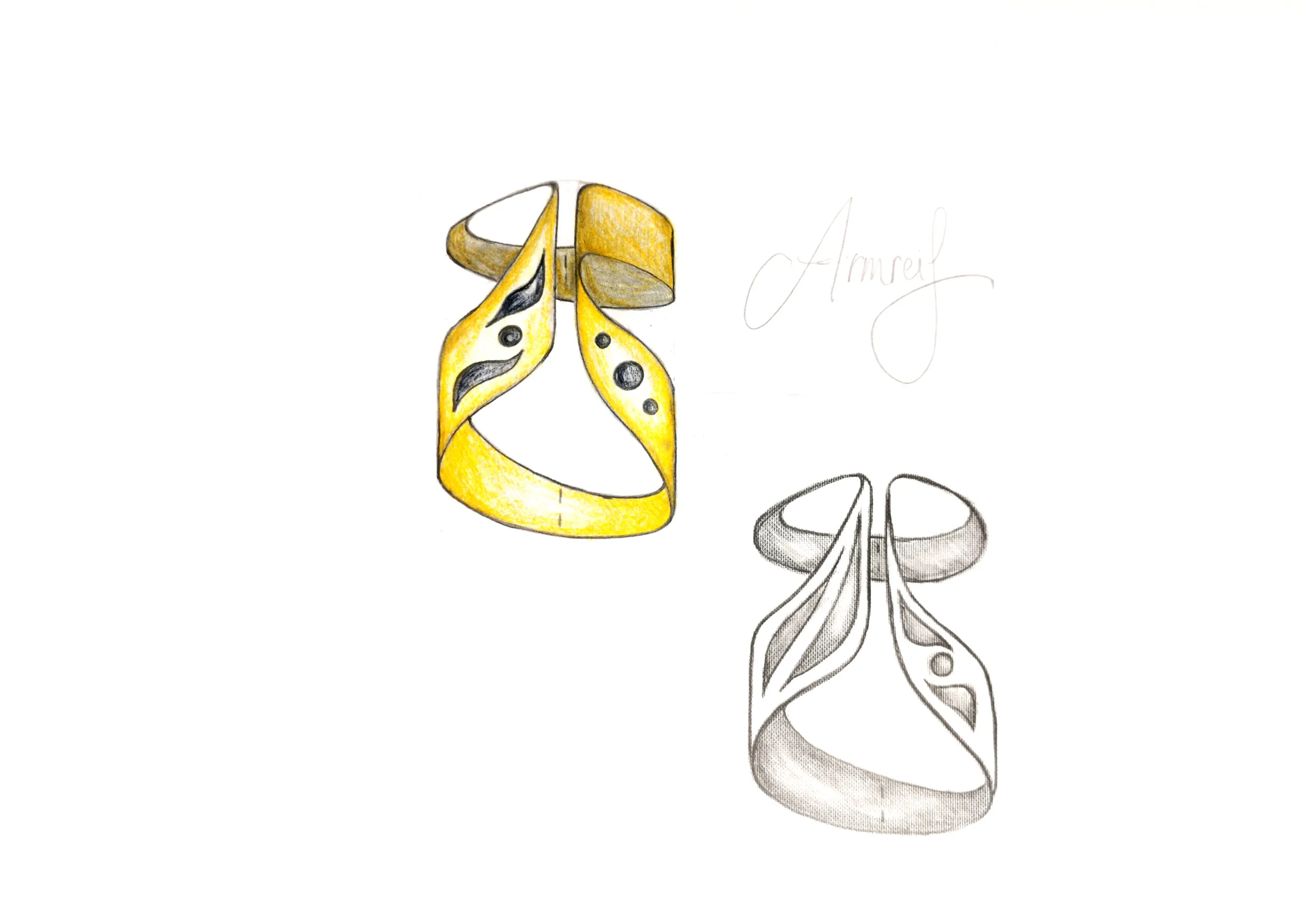 A bracelet design concept incorporating inlaid shapes of crystalline osmium in yellow gold