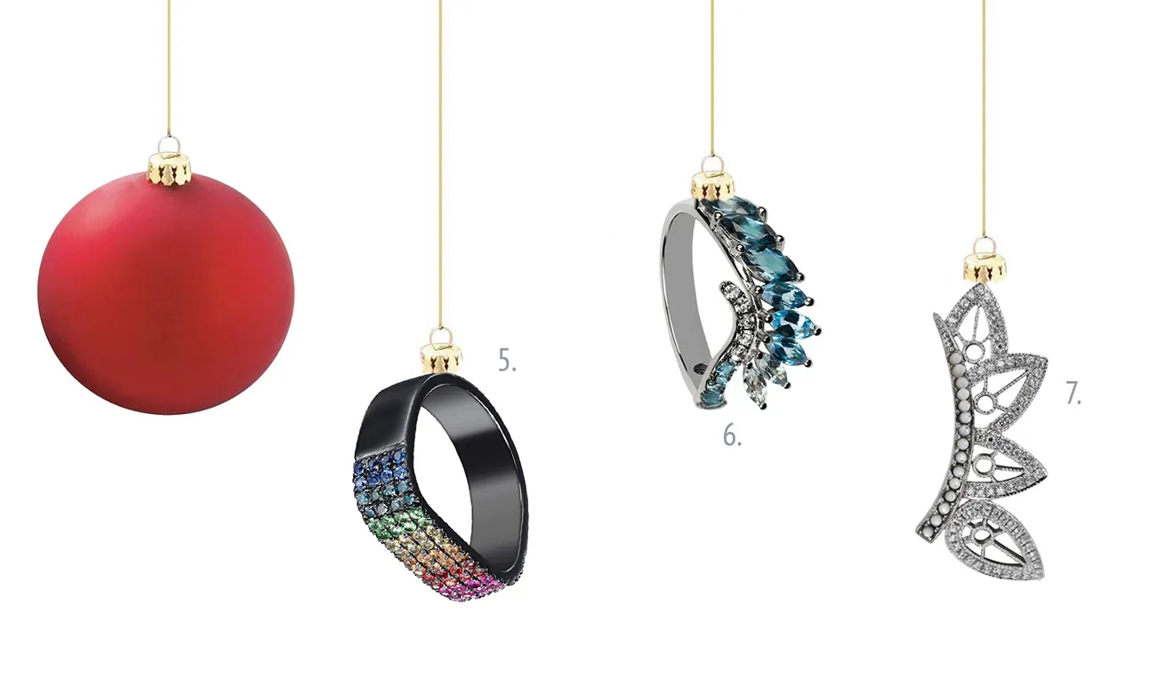 <p>5.  Lana Black Silver Rainbow Sapphire Knuckle Ring by AS29, £760   6. Radiant Ombre Blue Topaz Ring by Leyla Abdollahi, £1,360  7. Lace Diamond Ear Pin by Joelle Jewellery £1,120.</p>
