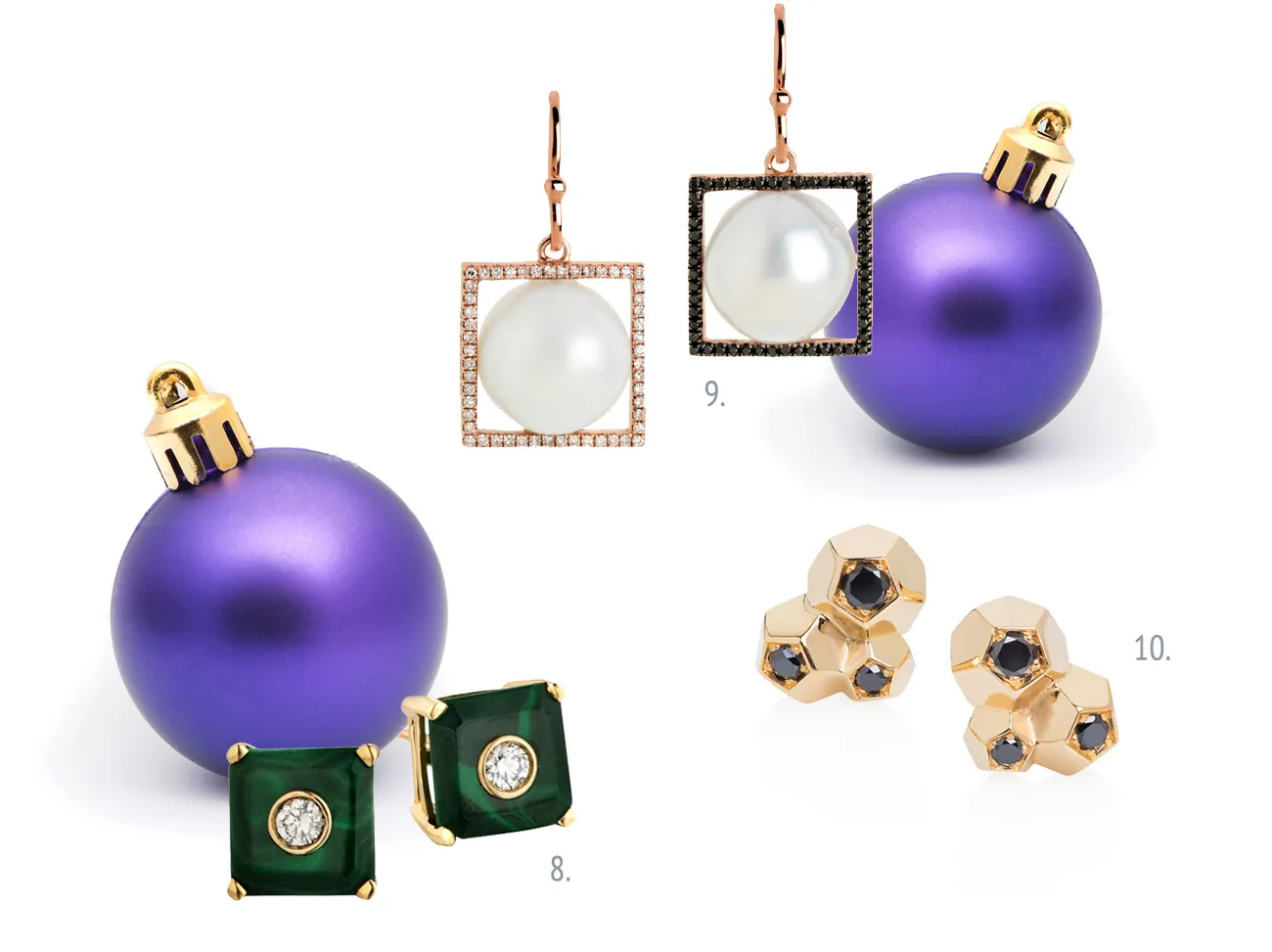 <p>8. Nolita Malachite Stud Earrings by Madyha Farooqui, £1,400  9. Pearl Jam Black and White Diamond Earrings by Bridget King, £1,600  10. Rock It! Black Diamond Stud Earrings Ornella Iannuzzi, £1,240.</p>

