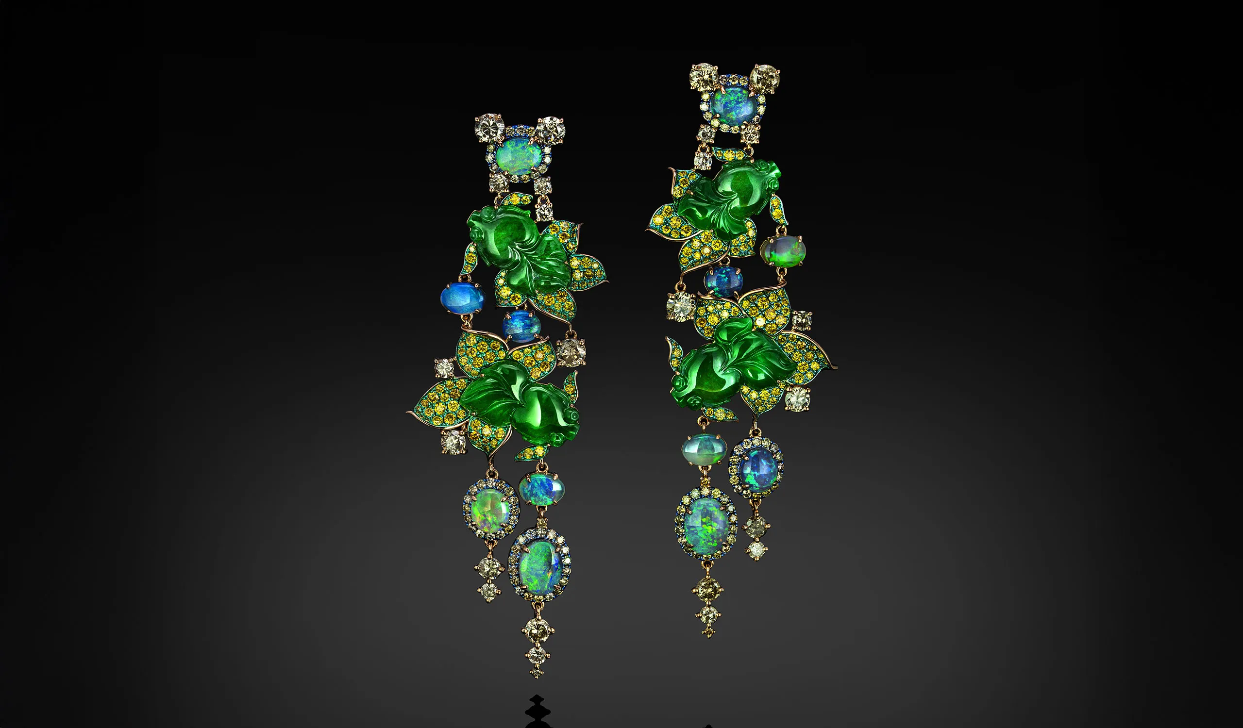 Austy Lee The Gold Fishes Plays earrings from The Jade Dynasty collection with Burmese green jades, Australian semi-black opals, fancy yellow diamonds and white diamonds set in 18k yellow gold 