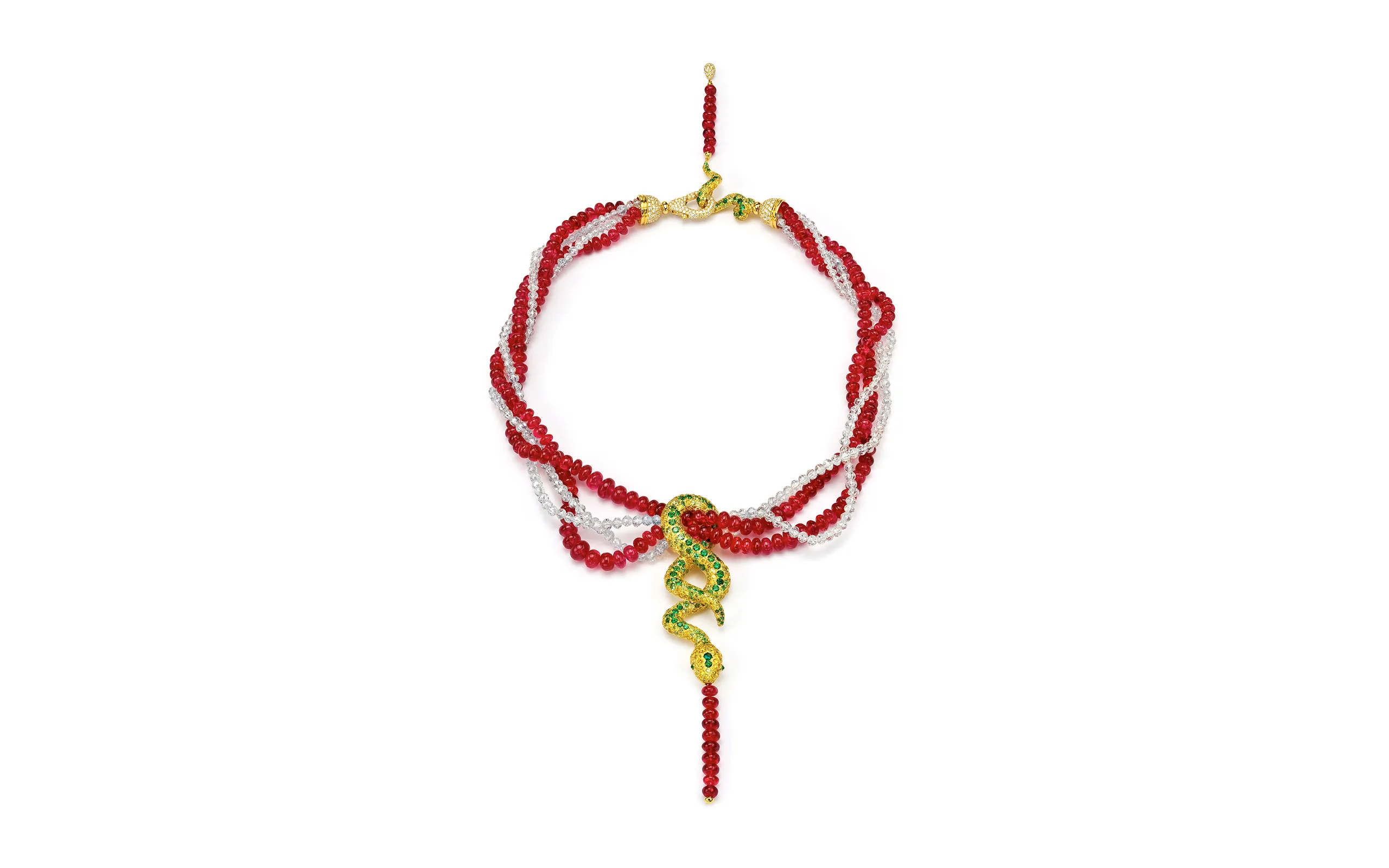 Anna Hu Cleopatra necklace in 18k yellow gold with 245.07 carats of red spinel beads, 8.45 carats of yellow diamonds, 10.61 carats of green sapphires, 110 carats of diamond beads and 3.64 carats of round brilliant-cut diamonds, to be presented at TEFAF Maastricht 2025