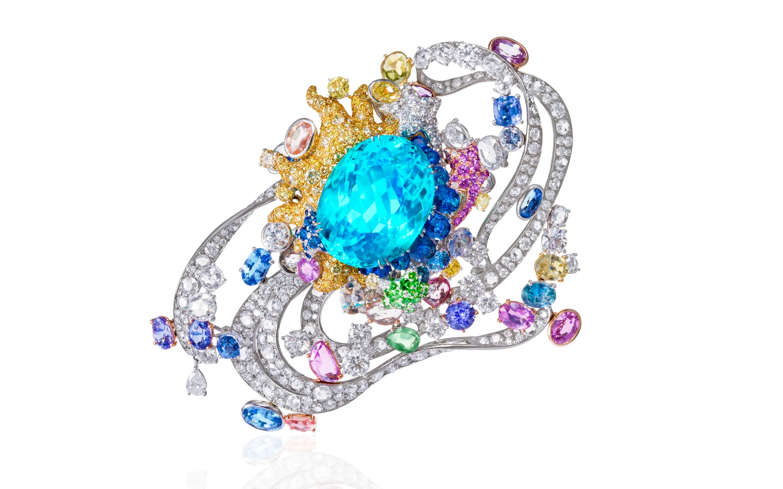 Anna Hu Côté Céleste brooch in 18k yellow gold and titanium, Paraiba tourmaline, diamonds, yellow, grey and white diamonds, coloured sapphires, pink and violet sapphires and tsavorite garnet, to be presented at TEFAF Maastricht 2025