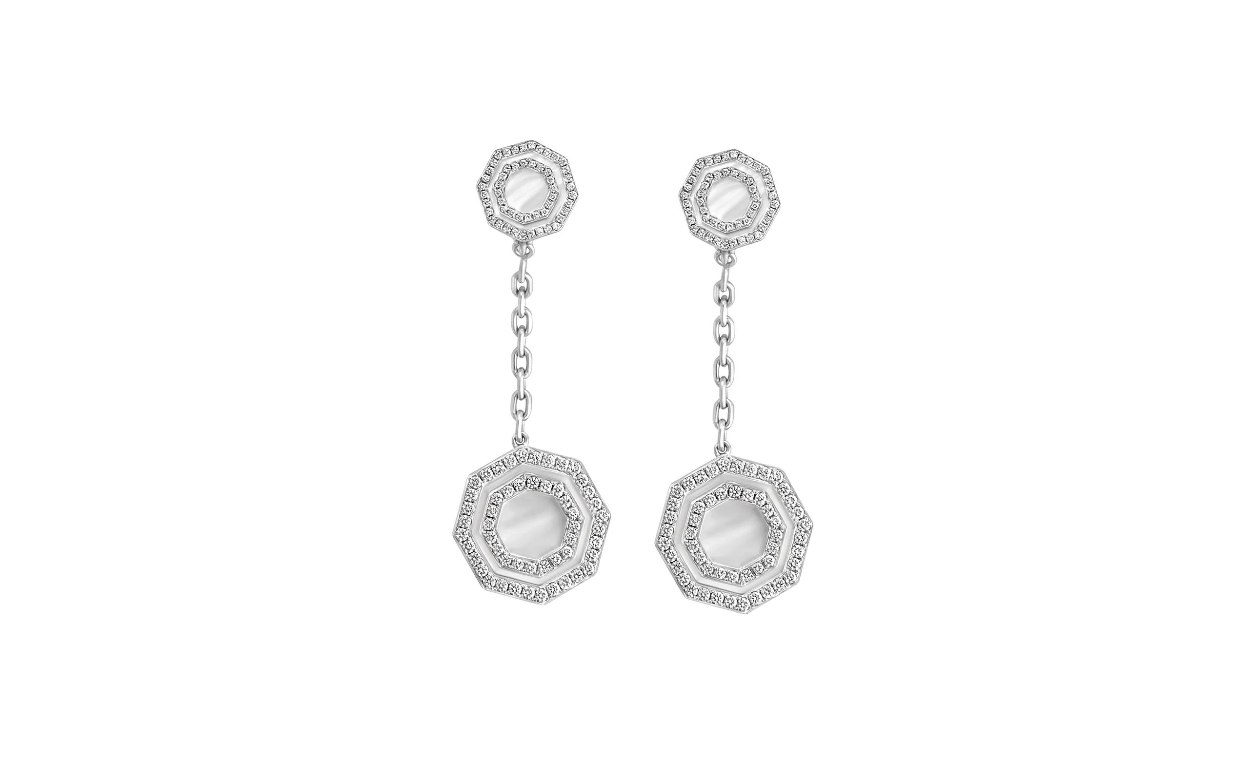 AKANO Adaeze Hexagon Mother of Pearl drop earrings with D-F colour, VVS clarity diamonds and 8.2 carats of white shell, set in 18k gold 
