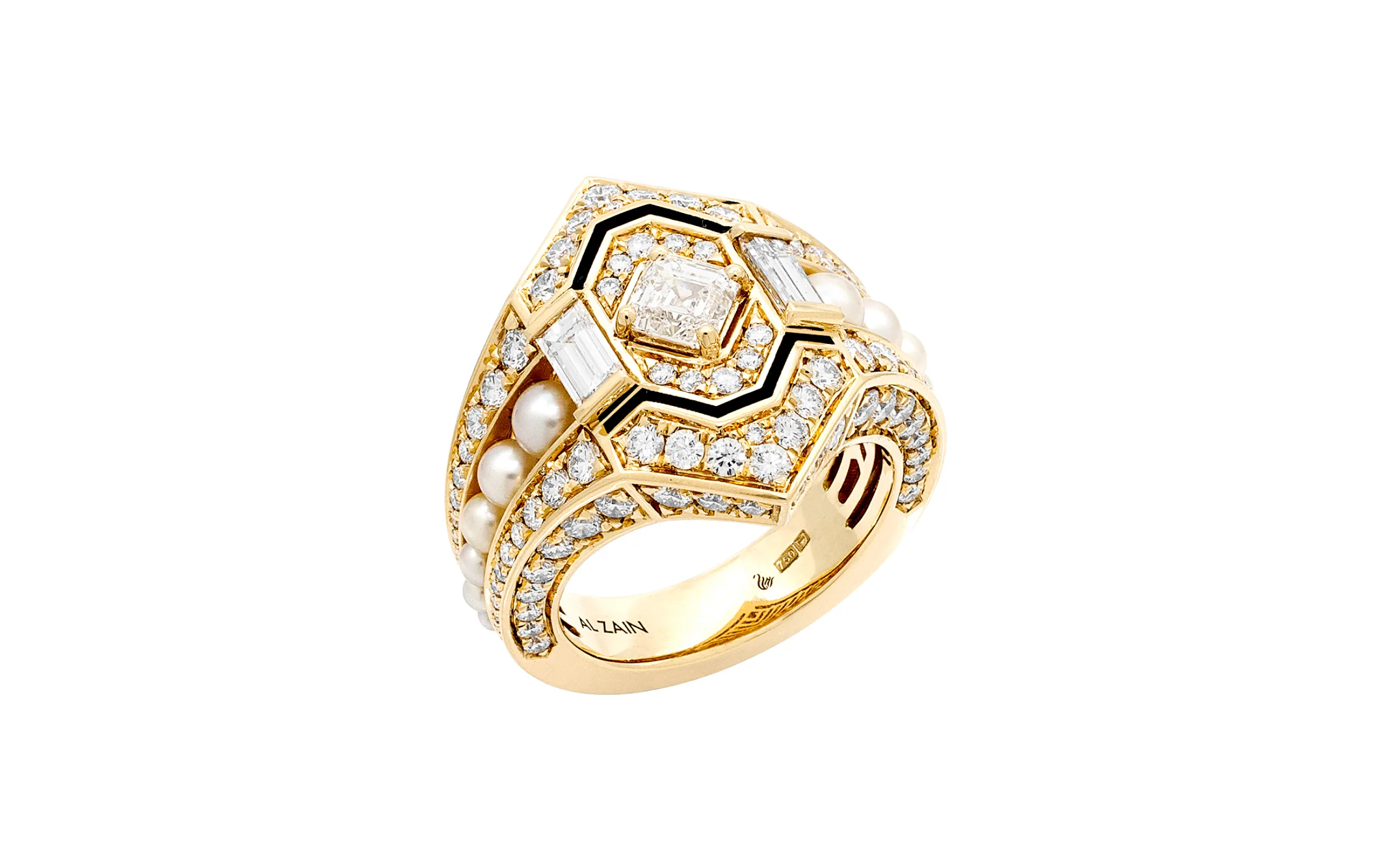 Al Zain ring from the Arab Deco collection with round brilliant-cut diamonds, fancy-cut diamonds, pearls and black enamel in 18k yellow gold 