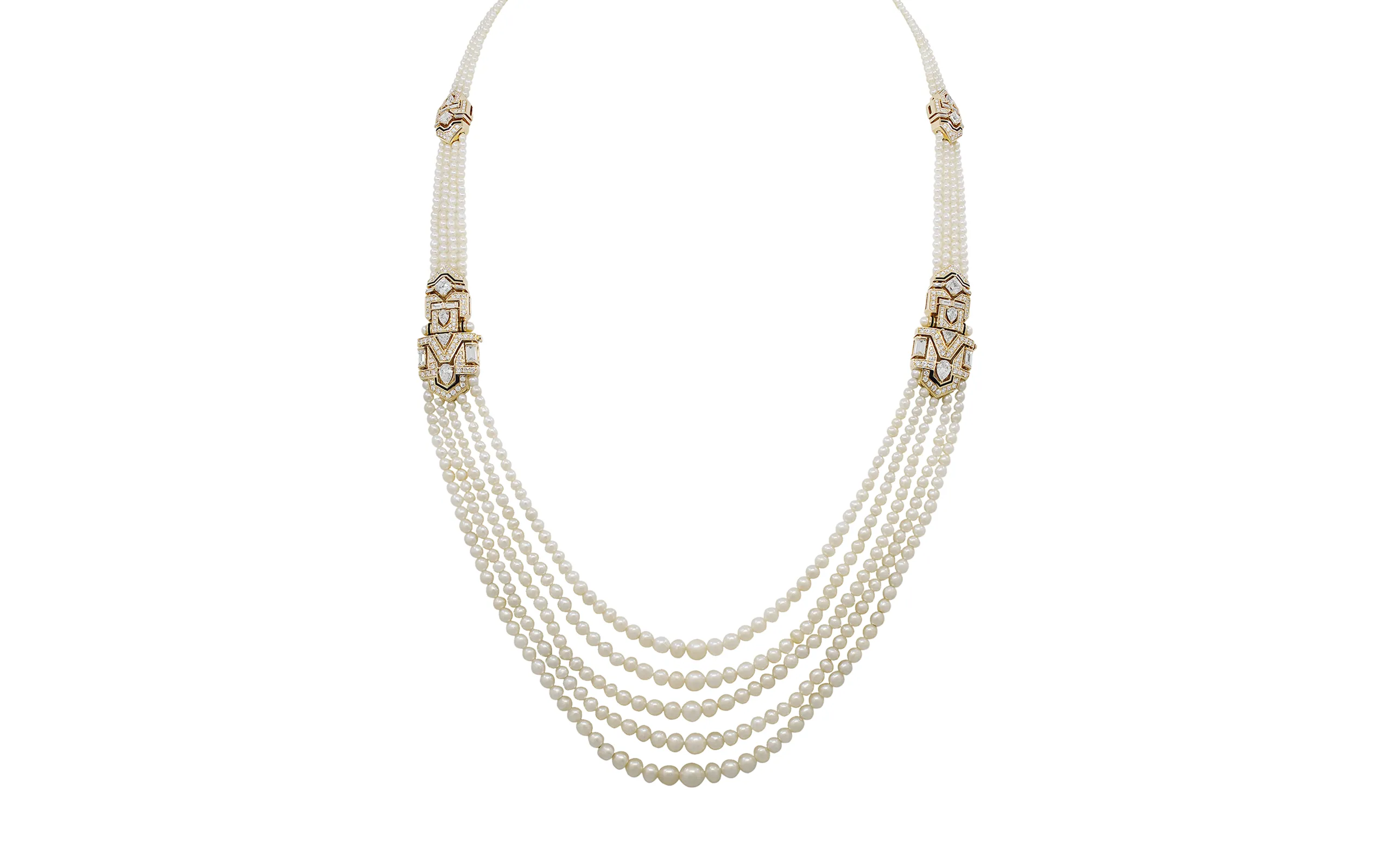 Al Zain Arab Deco collection necklace with five strands of creamy white pearls and stations set with fancy-cut diamonds in 18k yellow gold 