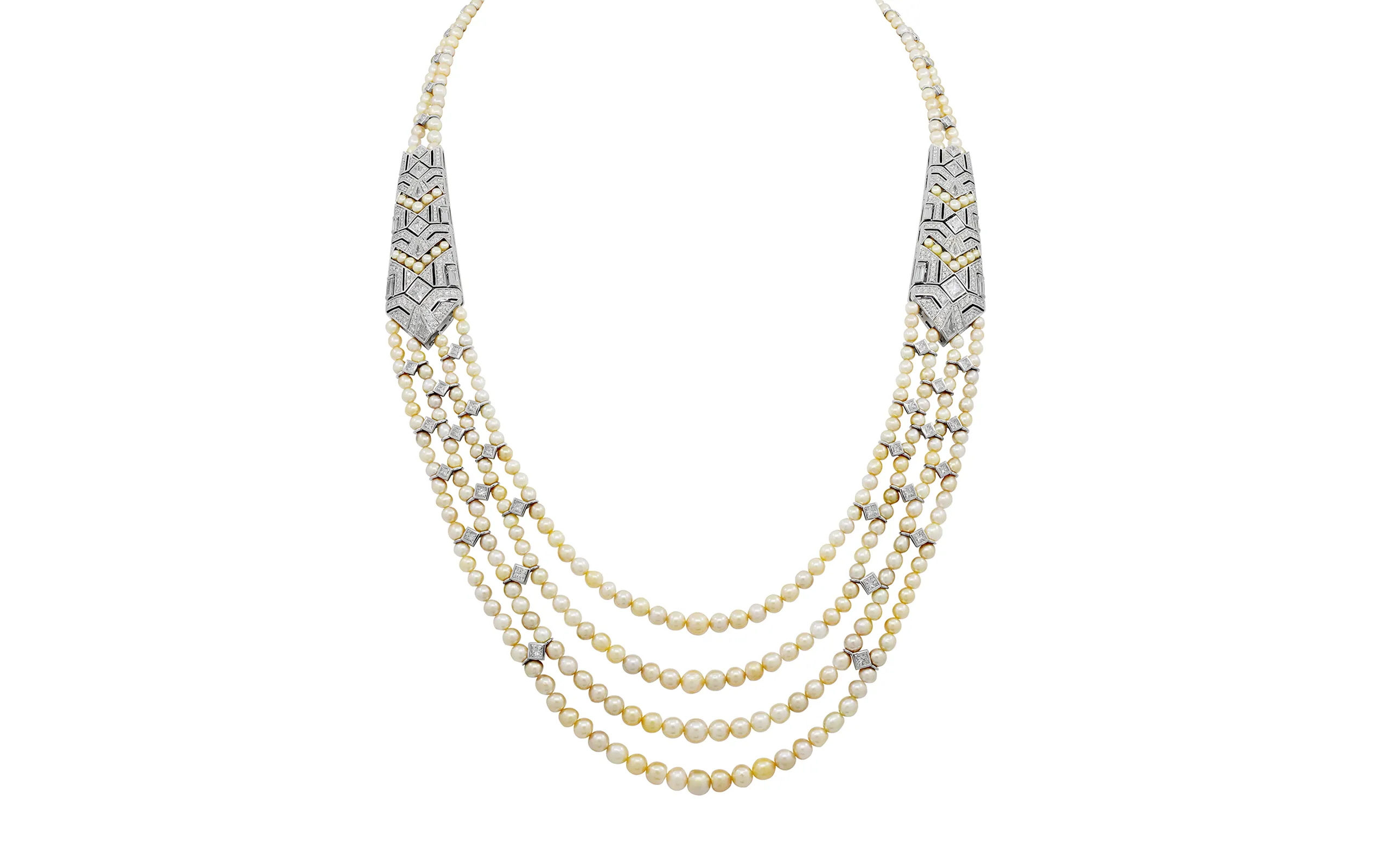 Al Zain Arab Deco long-line necklace with 12.93 carats of natural white, pale yellow and faintly golden pearls, princess-cut diamond stations, and geometric motifs with fancy-cut and round brilliant-cut diamonds totalling 267 carats