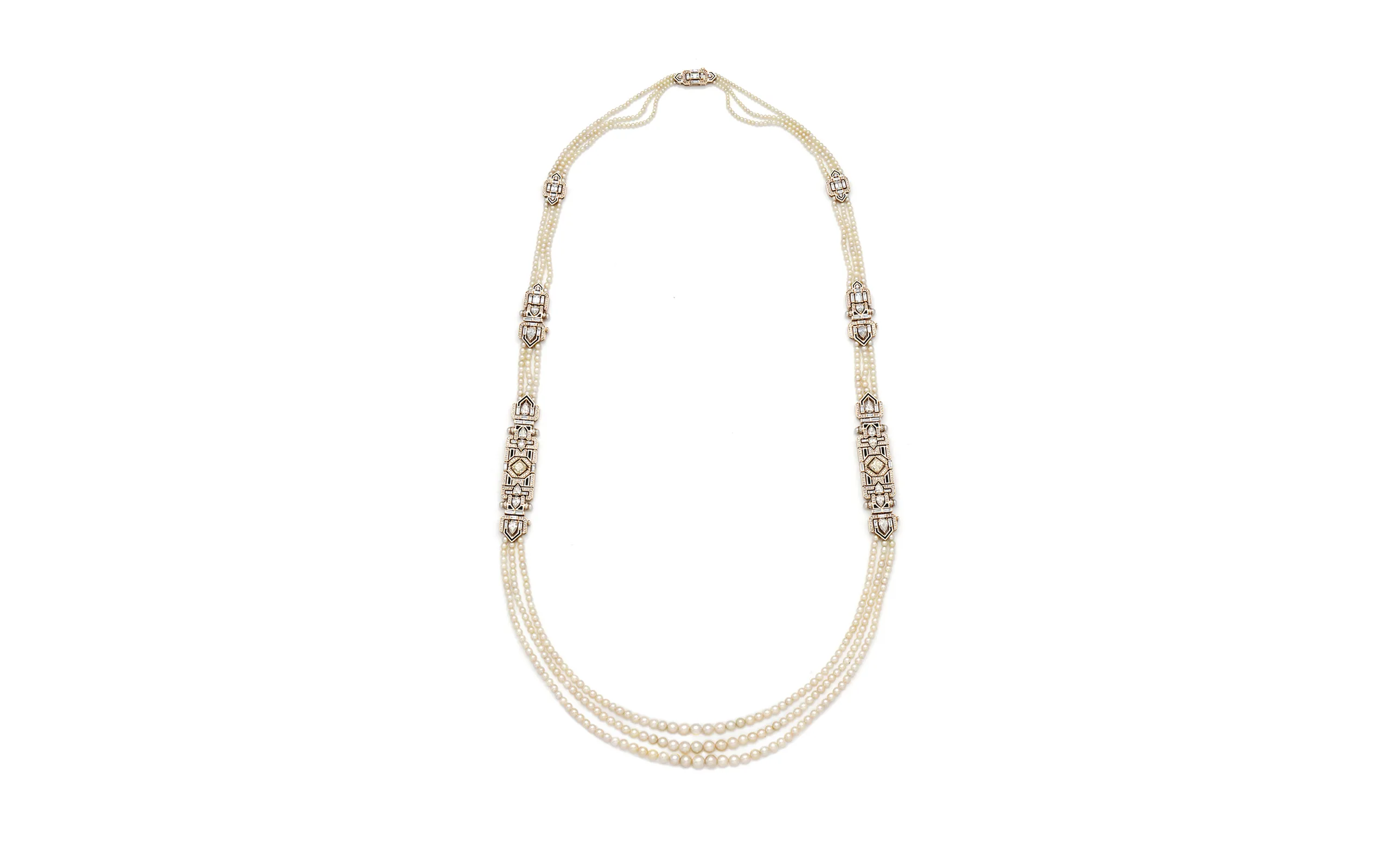 Al Zain Arab Deco long pearl necklace with stations set with pear-shaped and round brilliant-cut diamonds in 18k yellow gold 