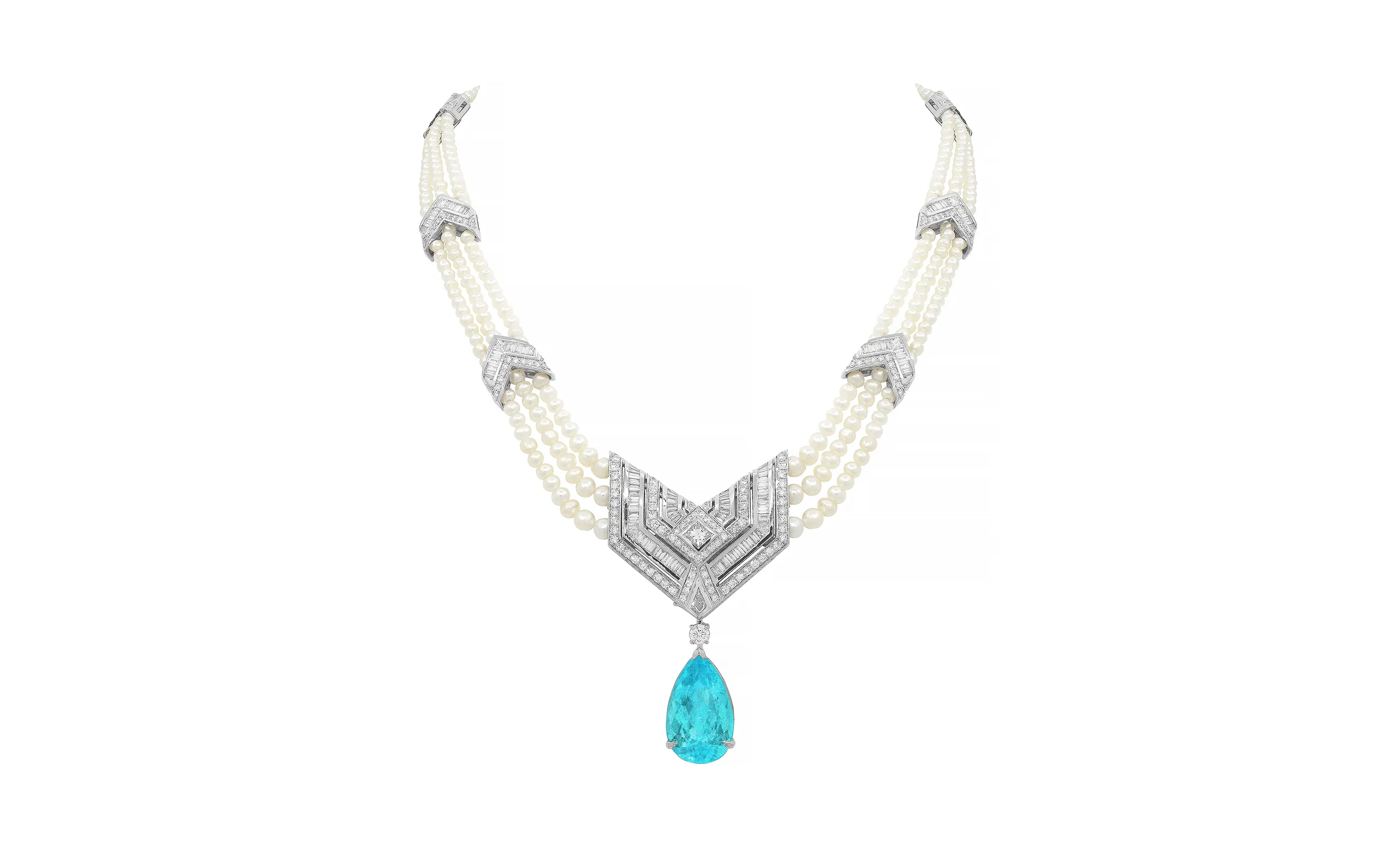 Al Zain Arab Deco necklace with a detachable 19.27 carat Mozambique Paraiba tourmaline, paired with baroque natural pearl strands and diamonds in 18k white gold