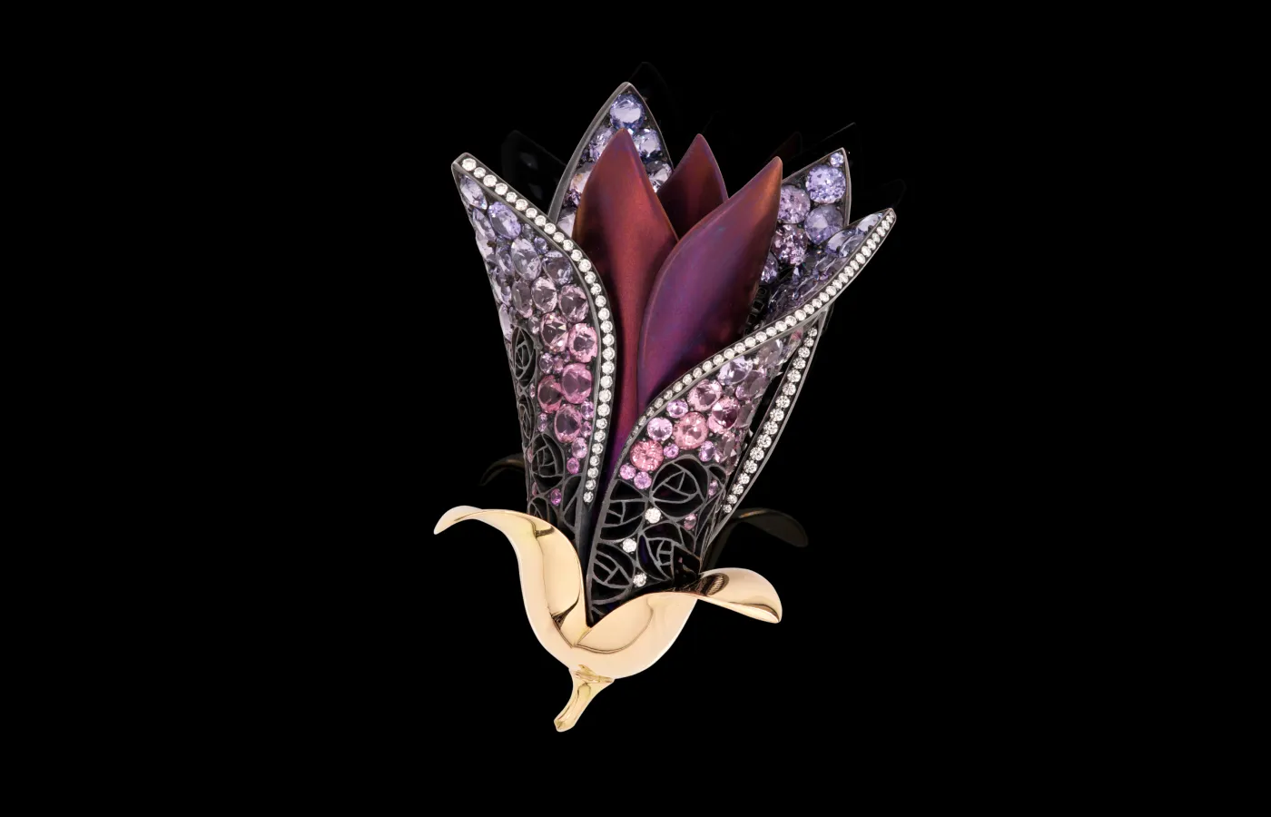Maison Alix Dumas Magnolia flower brooch with 108 spinels, 122 sapphires and 116 diamonds set in 18k yellow gold, anodized titanium and blackened silver