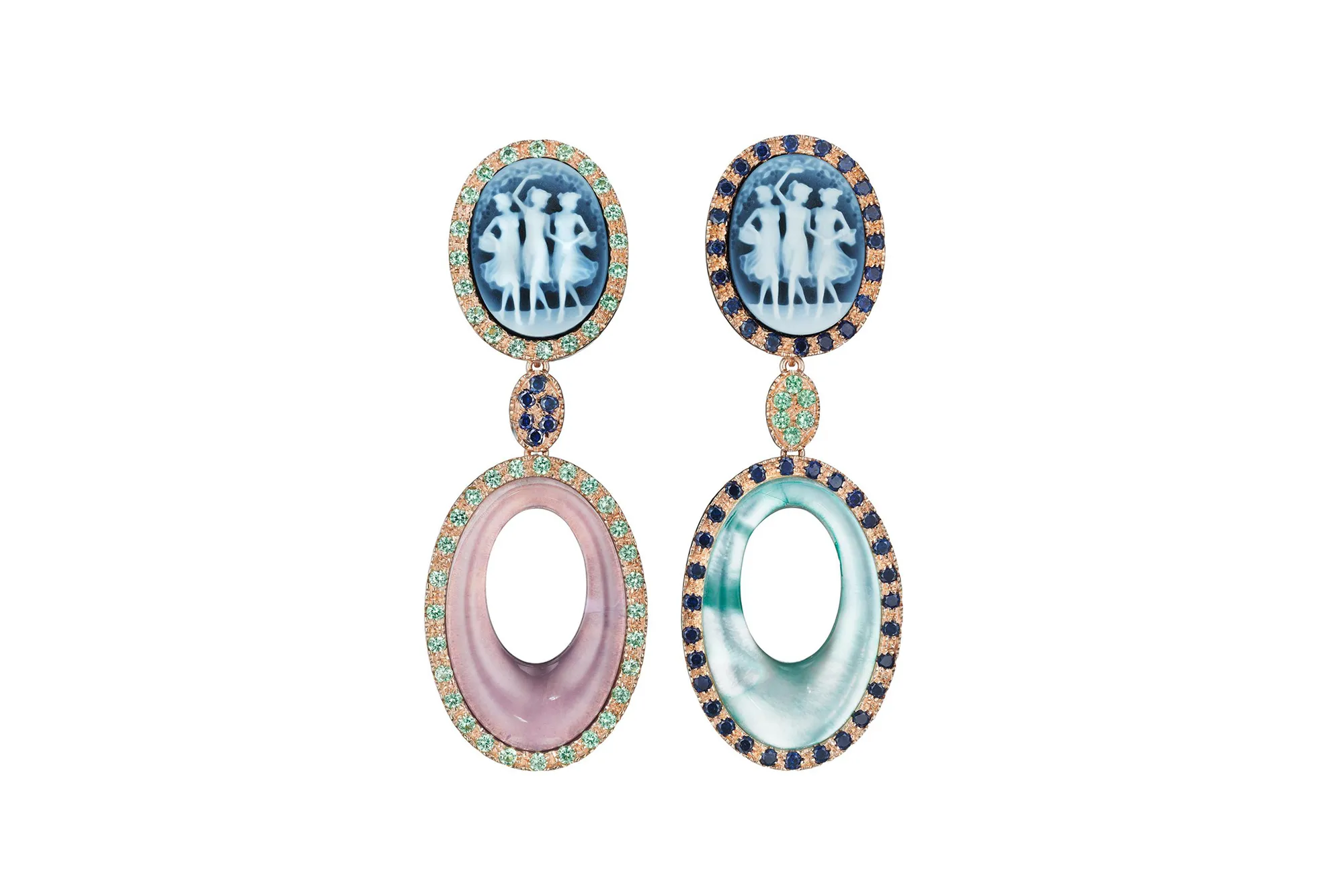 <p>Amedeo Scognamiglio ‘Muse’ blue agate cameo earrings with pavé tsavorites, blue sapphires, pink tourmaline and aqua rock crystal, set in rose gold plated silver</p>
