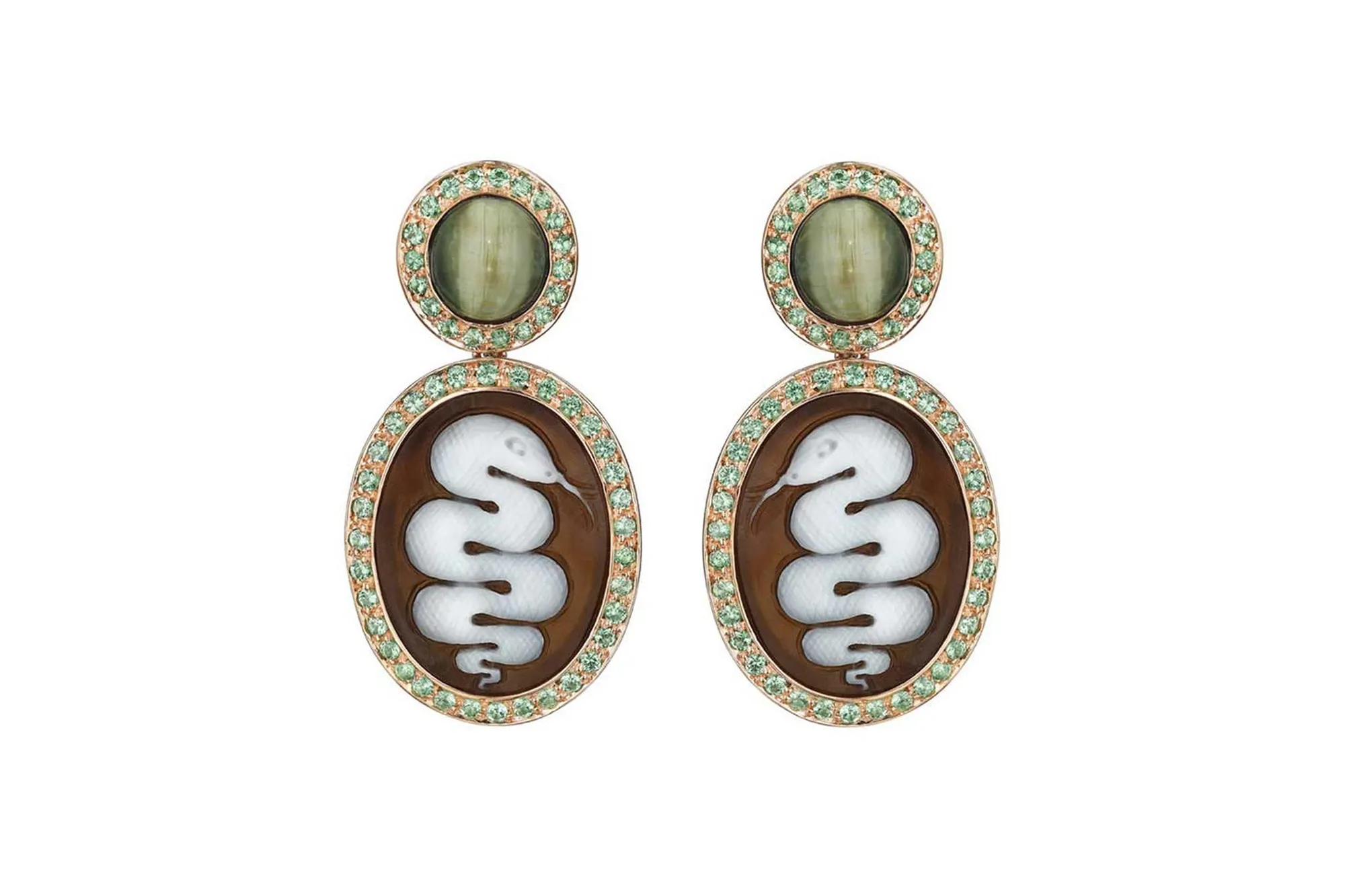 <p>Amedeo Scognamiglio ‘Serpent’ sardonyx cameos with imperial opal cabochons and pavé tsavorites in rose gold-plated silver</p>

