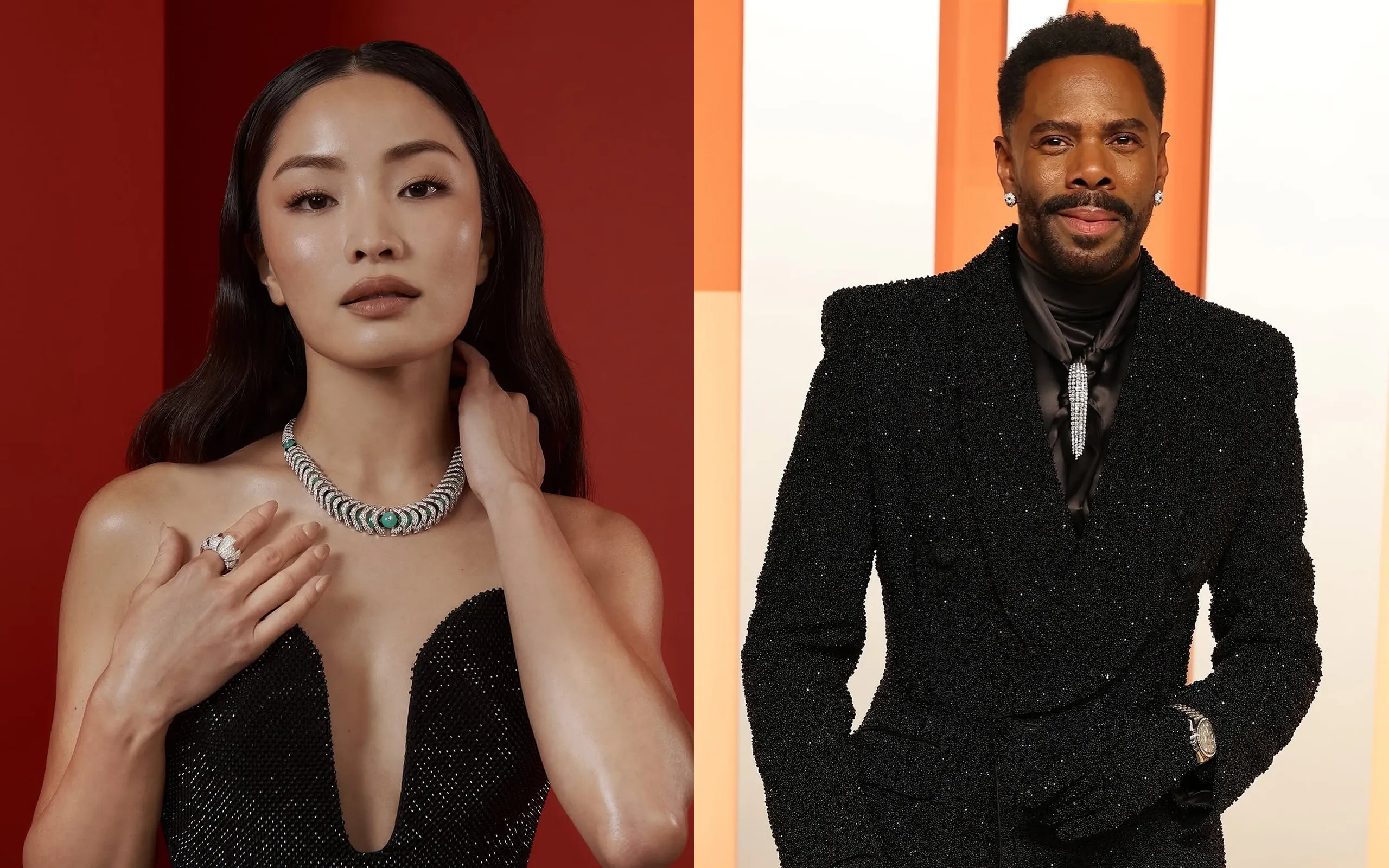 Anna Sawai in Cartier jewels and Colman Domingo in a diamond tie-brooch at the Vanity Fair Oscars After Party 2025