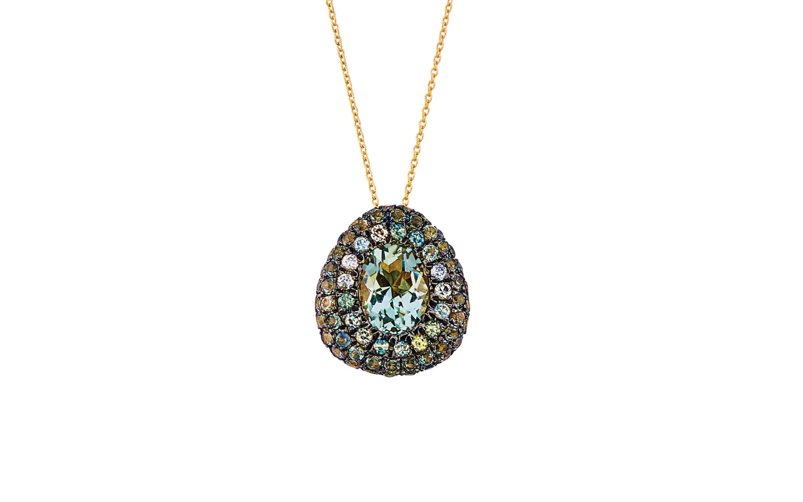 Aponine Pebble necklace with a 1.30-carat green tourmaline centre stone and 2.03 carats of green sapphires, set in 18k gold