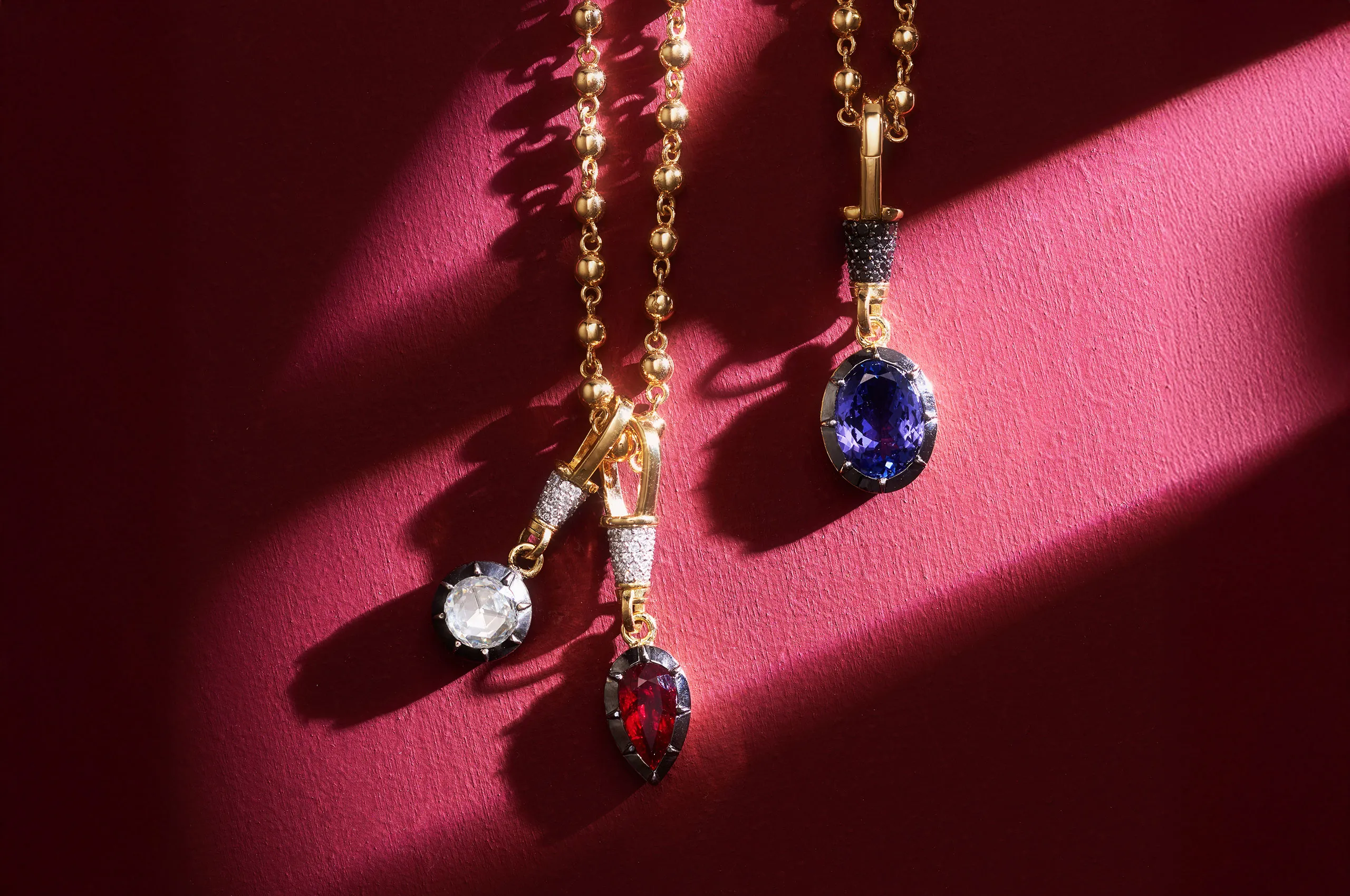Aponine Diamond Drop, Ruby Drop and Tanzanite Drop pendants from the Sassy Classics collection