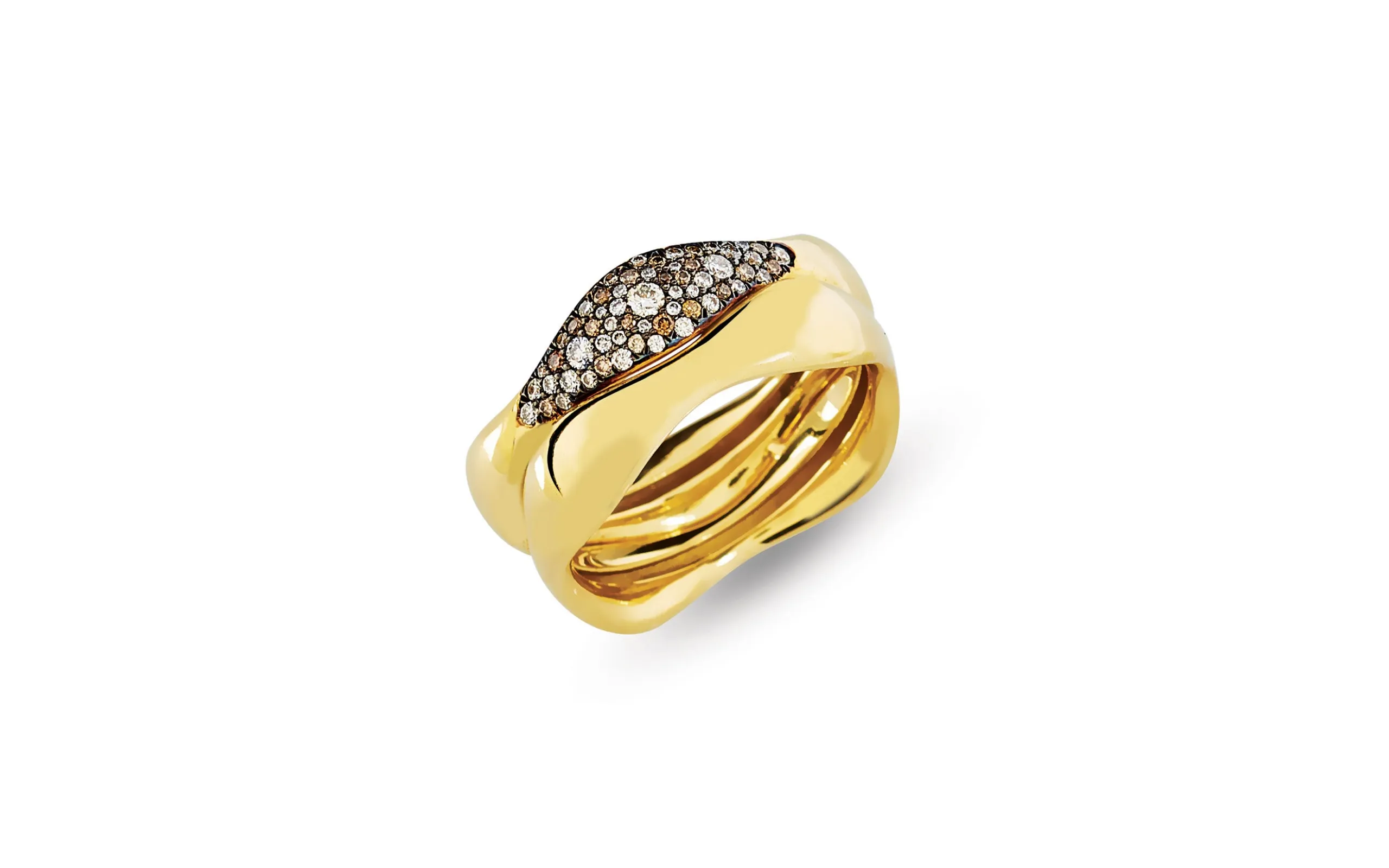 Aponine Wave ring with white and champagne coloured diamonds set in 18k gold