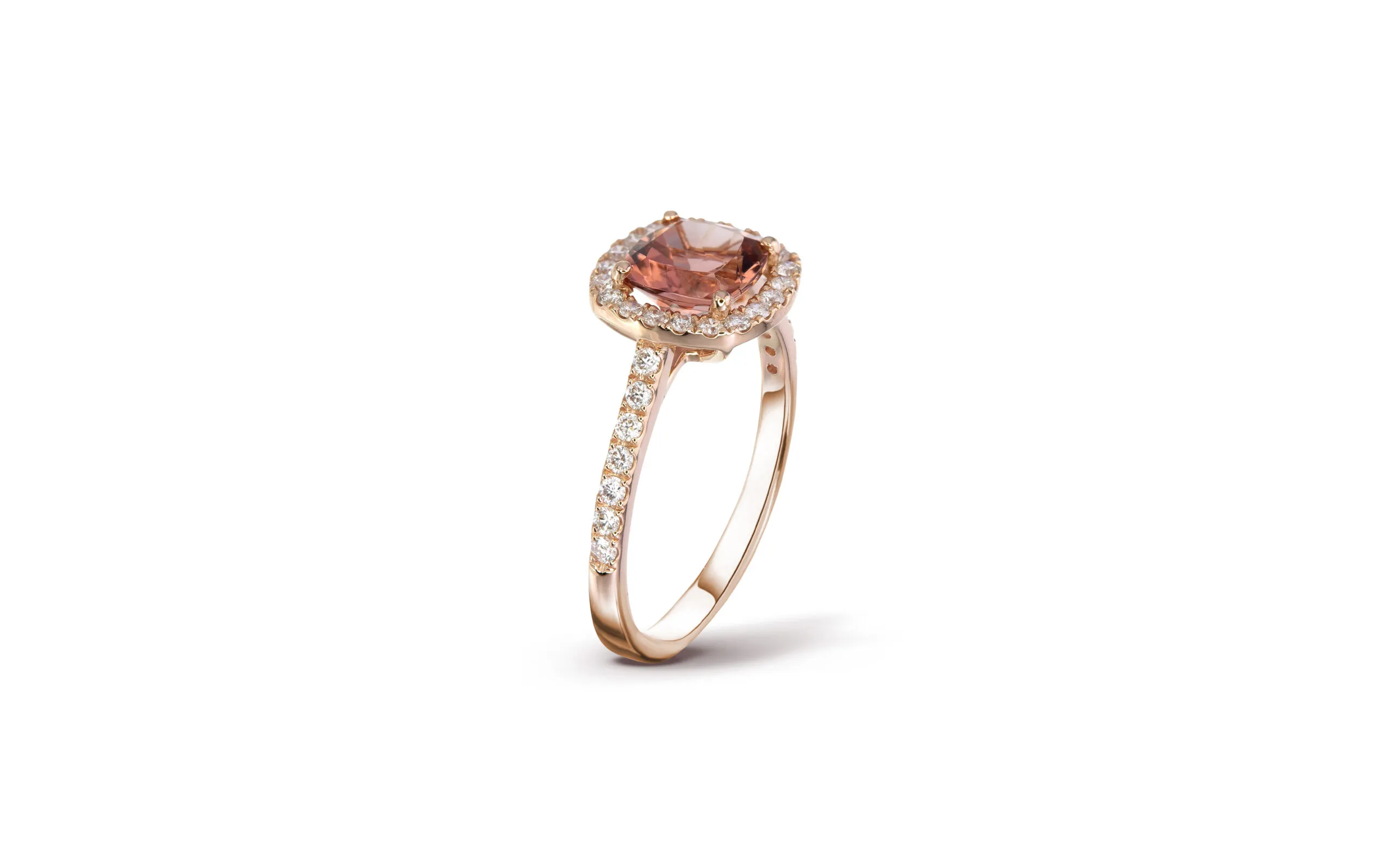 Artur Scholl engagement ring, set with a 1.39 carat cushion cut salmon tourmaline and diamonds in 18K yellow gold