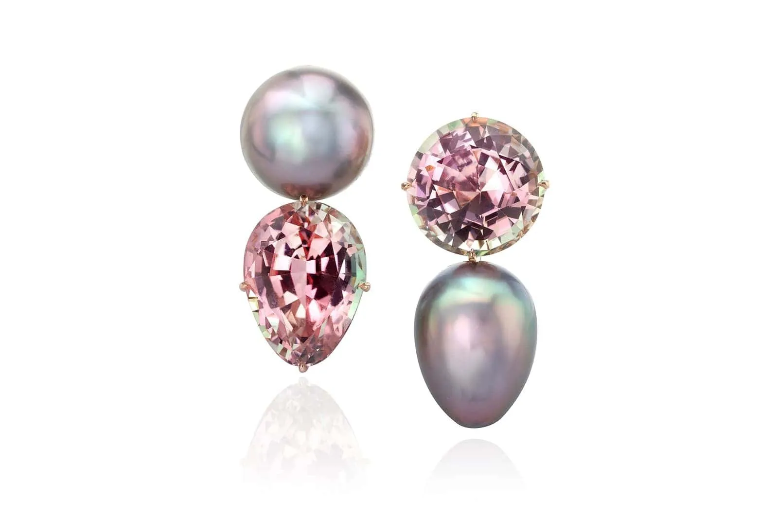 "In Reverse" bi-color tourmaline and Tahitian natural colour cultured pearl earrings