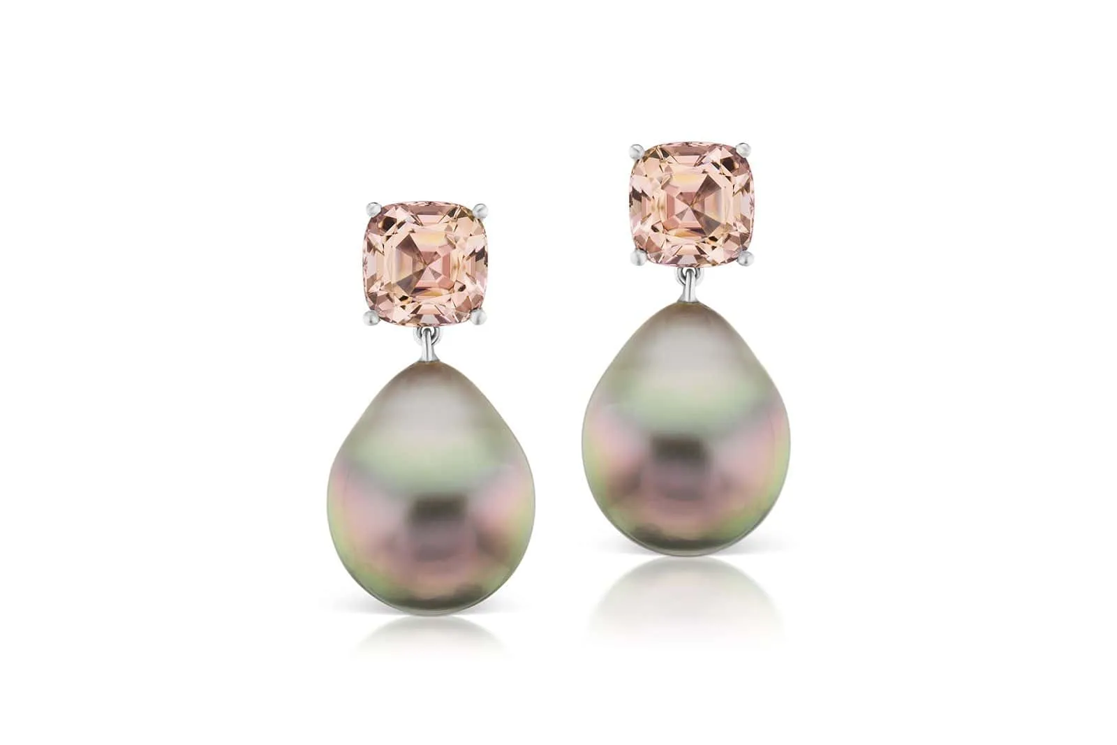 Bi-color autumn tourmaline cushion cut and Tahitian natural colour cultured pearl earrings