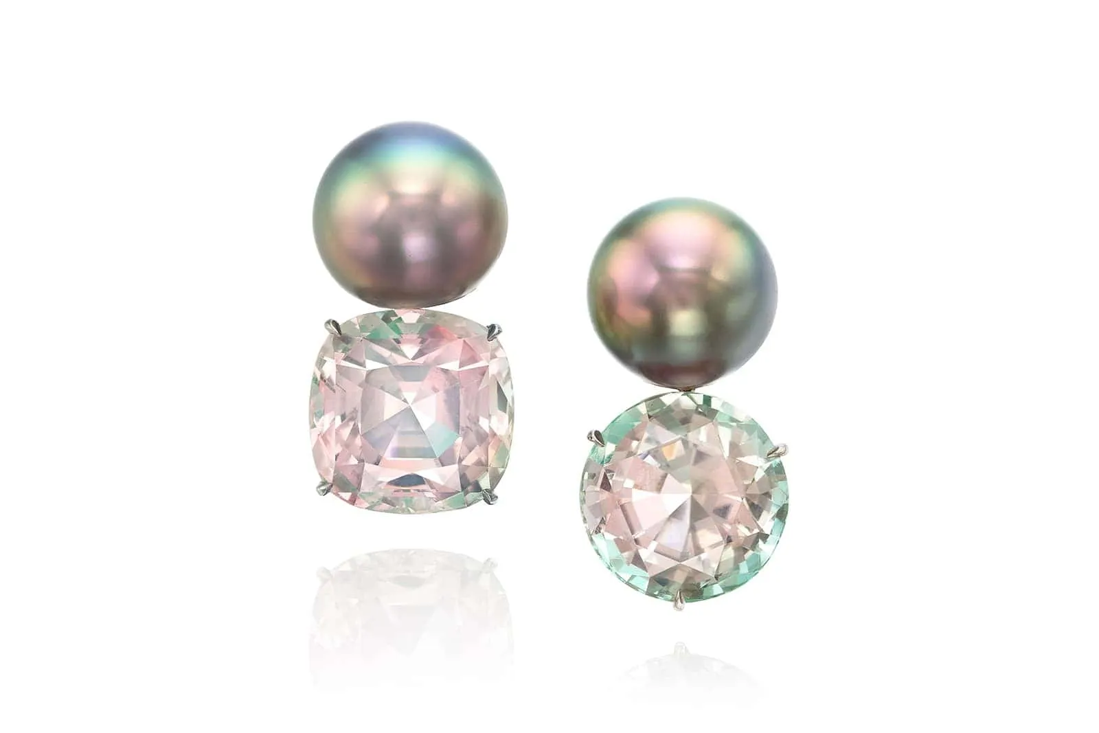 Bi-color tourmaline and Tahitian natural colour cultured pearl earrings