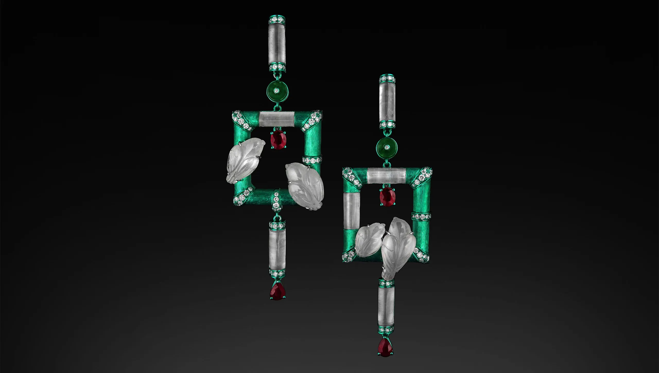 Austy Lee The ‘My Lovebirds’ earrings from The Jade Dynasty collection with Burmese white and green jades, Burmese rubies and white diamonds set in 18k yellow gold 
