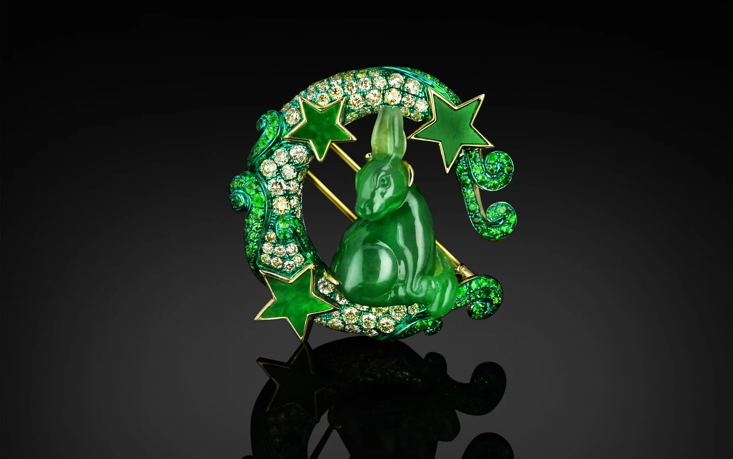 Austy Lee The Lunar Hare brooch from The Jade Dynasty collection with Burmese green jades, tsavorites and fancy colour diamonds set in 18k yellow gold 