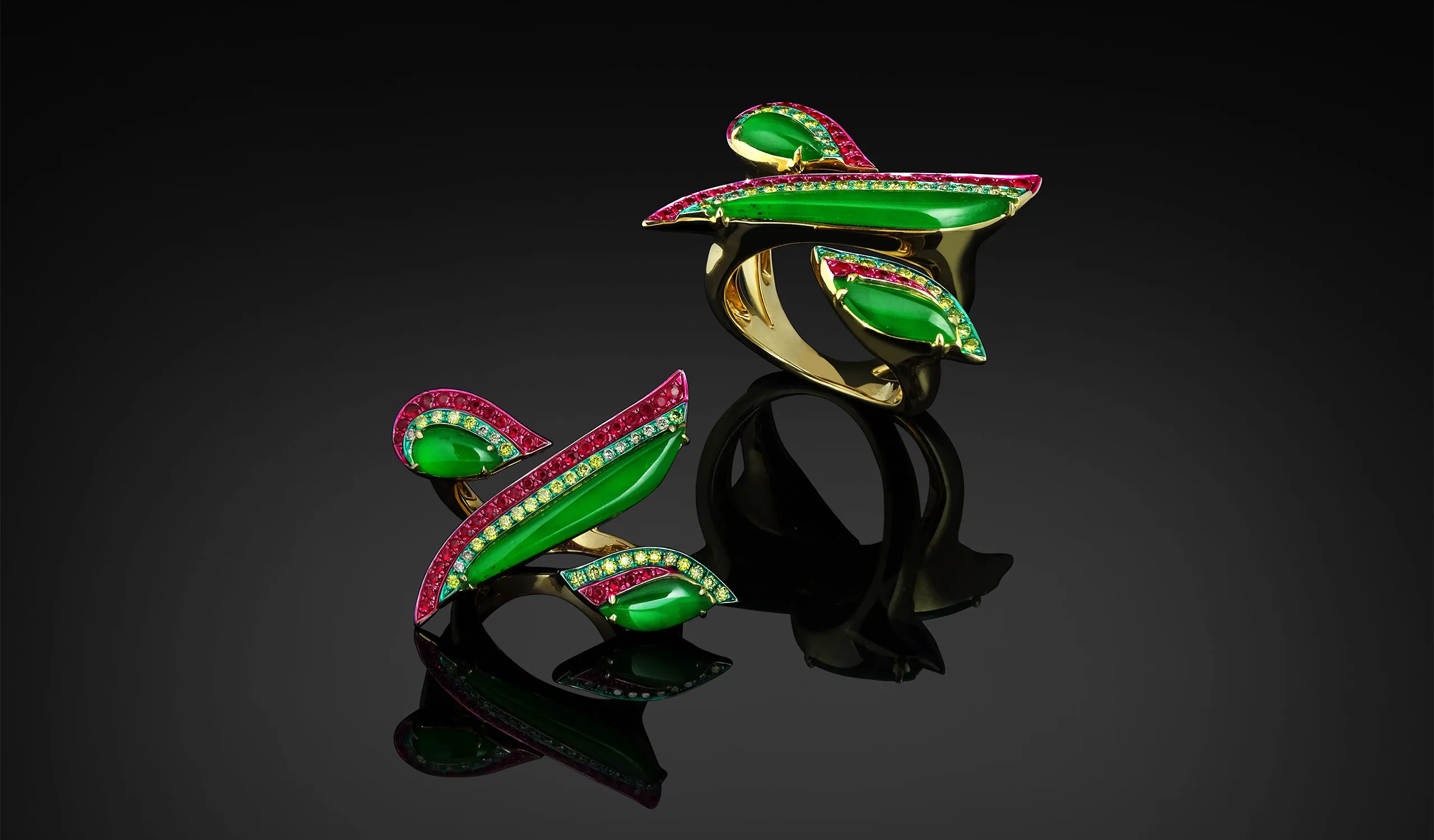 Austy Lee The Bamboo Hover ring from The Jade Dynasty collection with Burmese green jades, rubies, fancy yellow diamonds and white diamonds set in 18k white gold 
