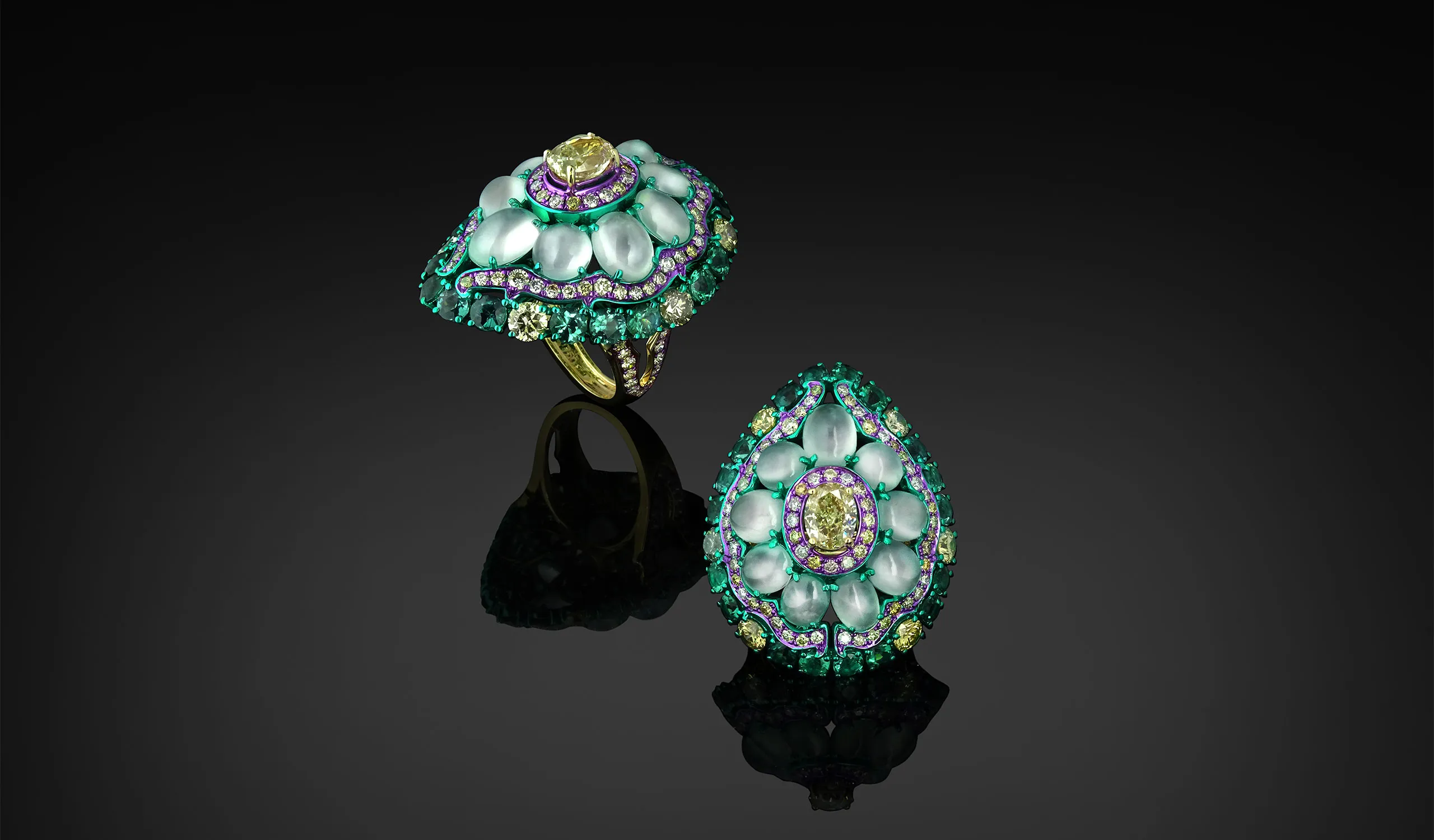 Austy Lee The Mojito ring from The Jade Dynasty collection with Burmese white jades, fancy brownish pink diamonds, indicolites, and further fancy colour diamonds set in 18k white gold 