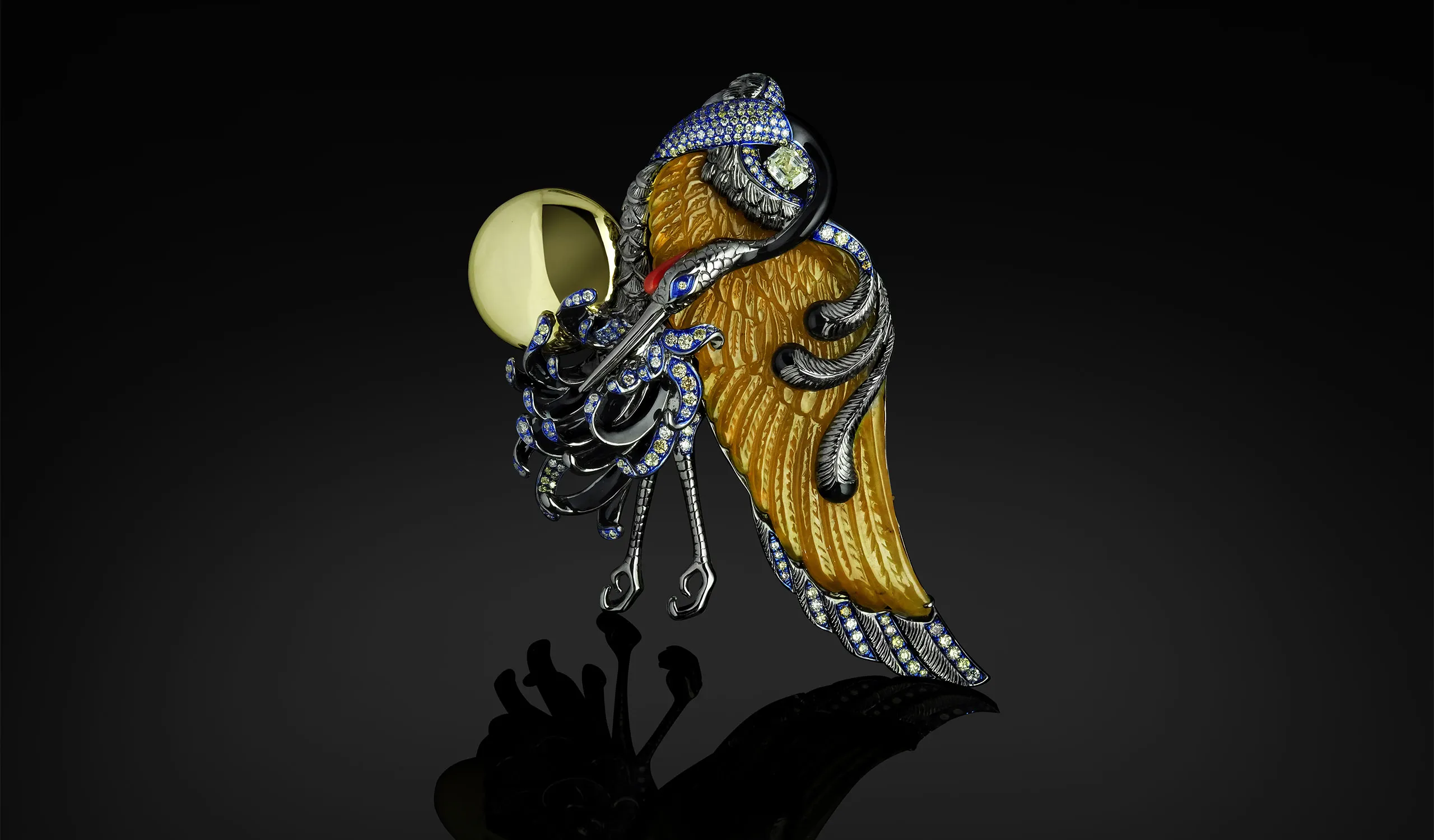 Austy Lee The Crane Dance brooch from The Jade Dynasty collection with Burmese yellow jade, coral, onyx, fancy colour diamonds and white diamonds set in 18k yellow gold 