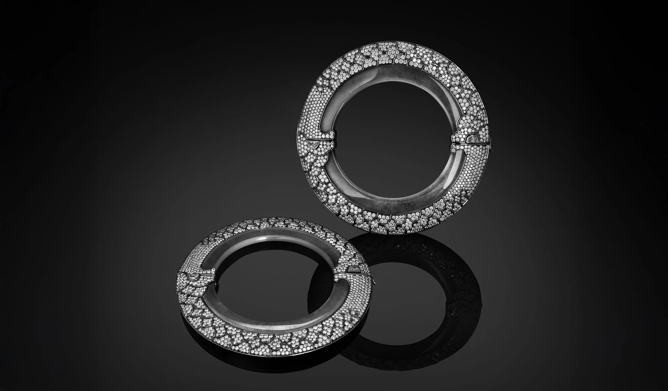 Austy Lee The Maccha-yugala bangle from The Jade Dynasty collection with Burmese white jades and white diamonds set in 18k white gold 