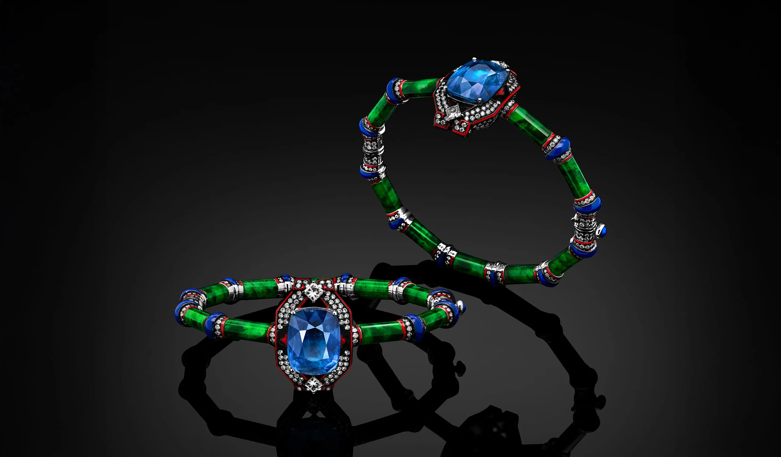 Austy Lee The Bamboo Draw bangle from The Jade Dynasty collection with Sri Lankan unheated colour-change blue sapphire, Burmese green jades, blue and red enamel and white diamonds, set in 18k white gold 