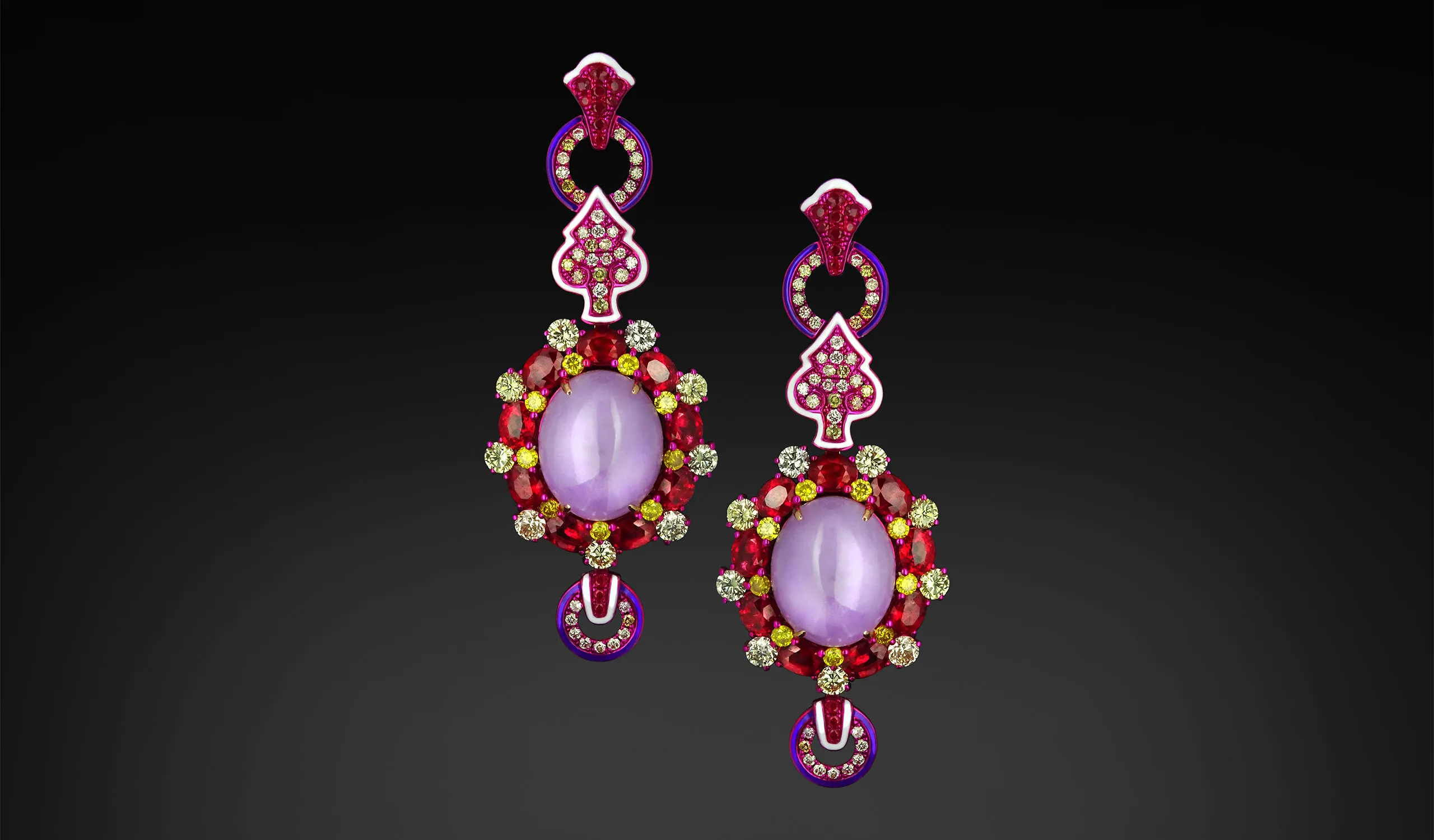Austy Lee The Pinkyboooo earrings from The Jade Dynasty collection with Burmese purple jades, Mozambican unheated rubies, further rubies, white and purple enamel, fancy vivid yellow diamonds and fancy colour diamonds set in 18k rose gold 