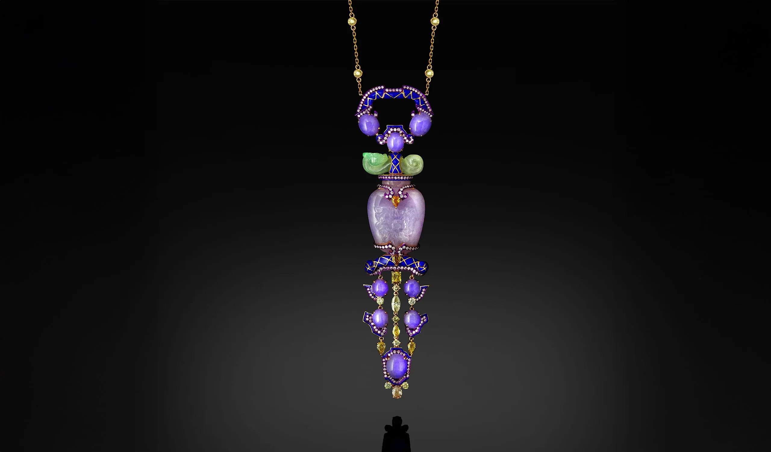 Austy Lee The Purple Kalasha necklace from The Jade Dynasty collection with Burmese white and purple jades, blue enamel, fancy colour diamonds and white diamonds set in 18k rose gold 