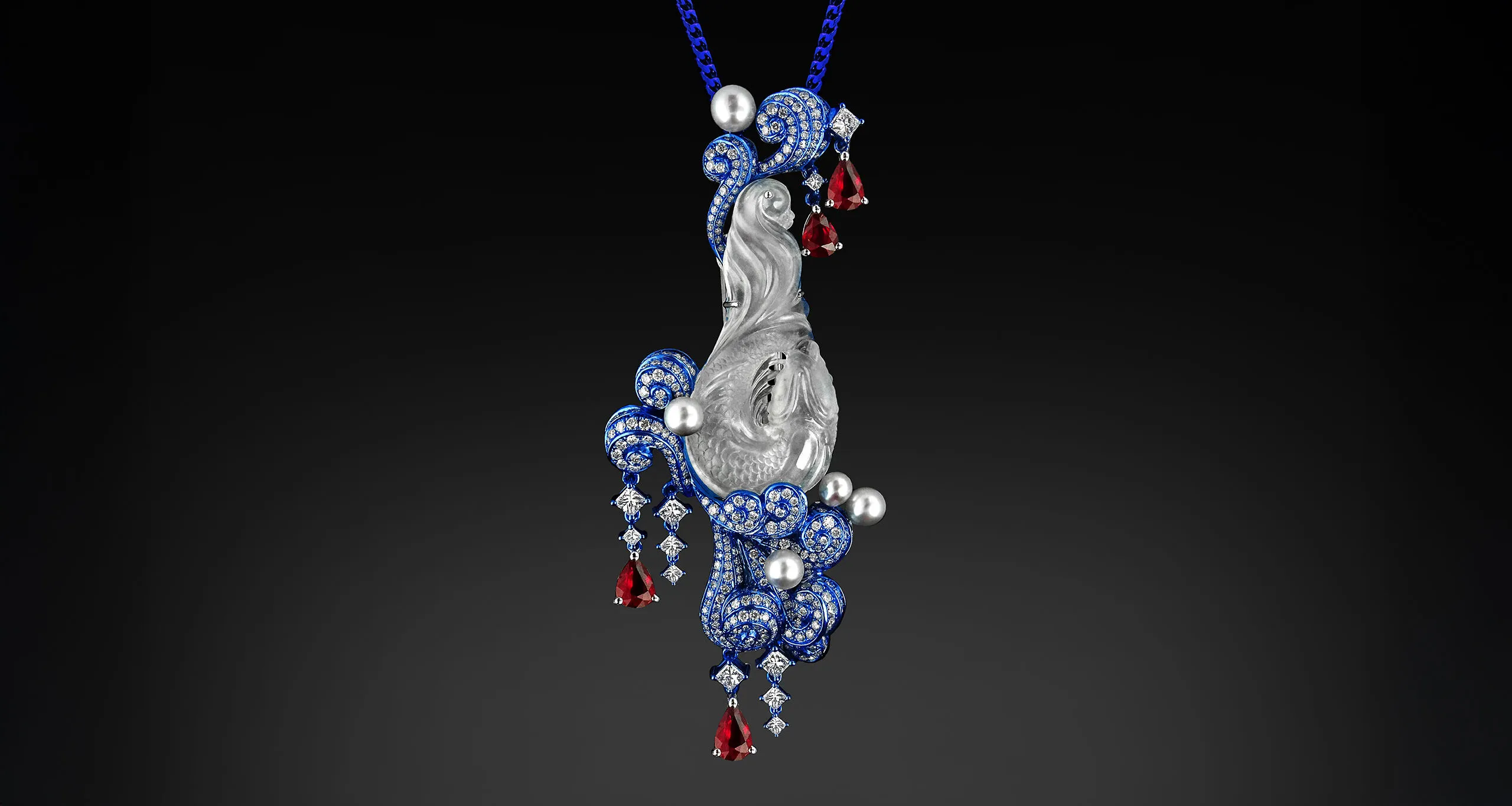 Austy Lee The Carp jumps over the Dragon Gate pendant from The Jade Dynasty collection with Burmese white jade, pearls, Mozambican unheated rubies and white diamonds set in 18k white gold 