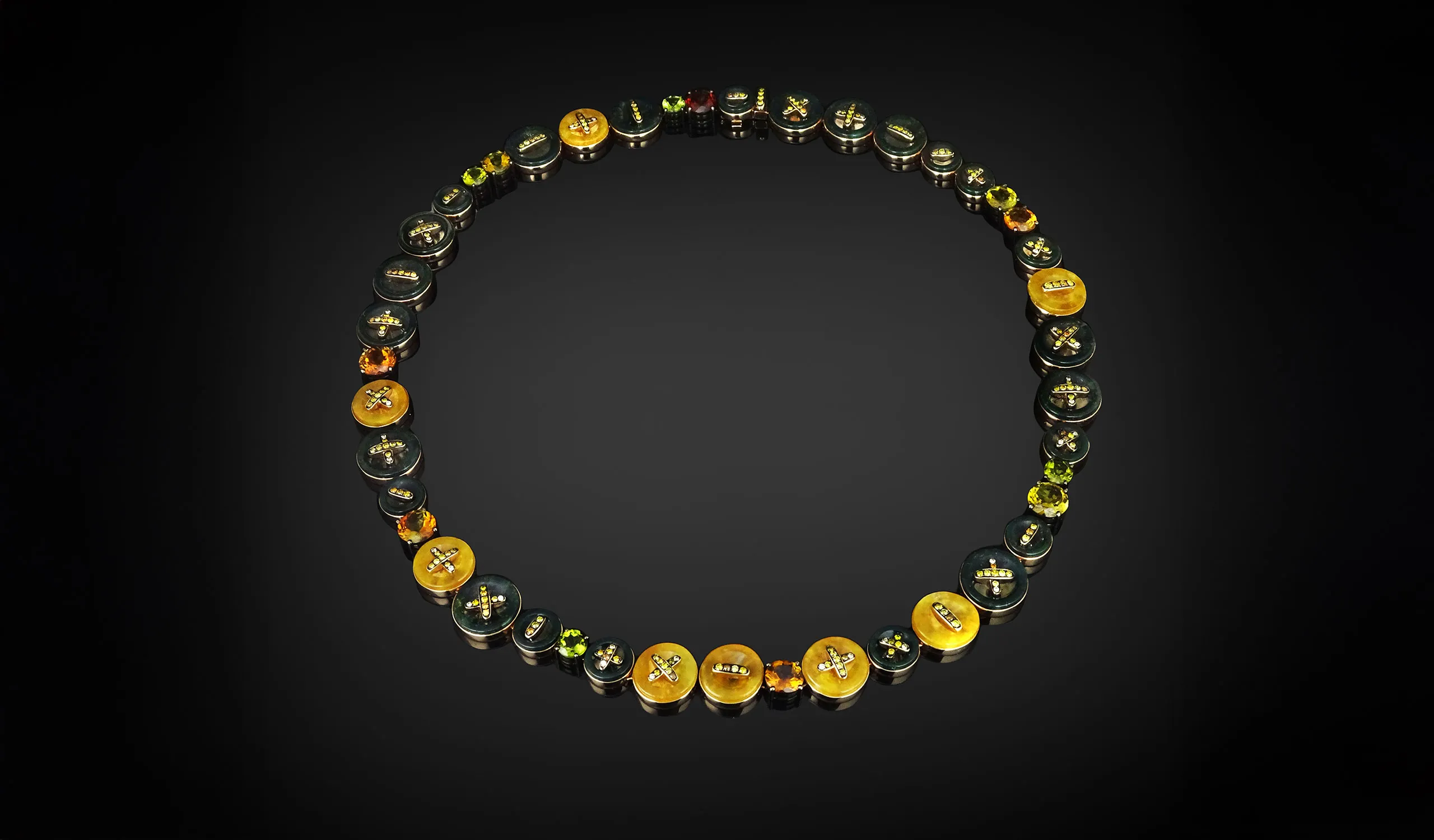 Austy Lee The Buttons necklace from The Jade Dynasty collection with Burmese orange jades, heliotropes (blood stones), multi-colour tourmalines and fancy orange diamonds set in 18k rose gold 