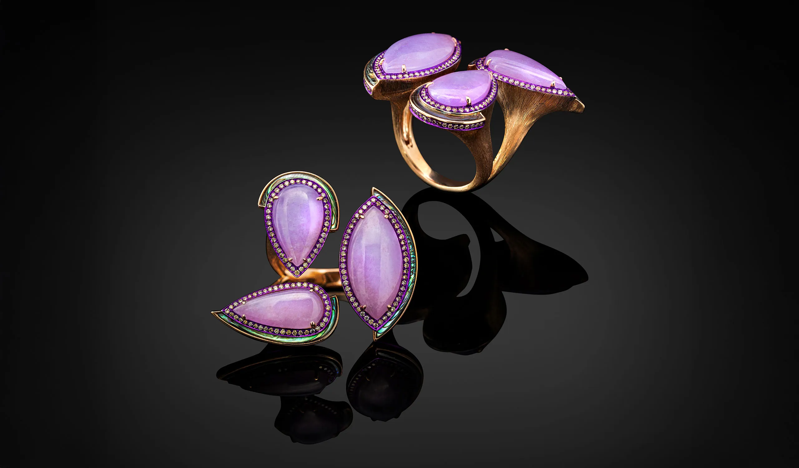 Austy Lee The 3 Oddly-Shape Brothers ring from The Jade Dynasty collection with Burmese purple jades, abalone shells and fancy colour diamonds set in 18k rose gold 