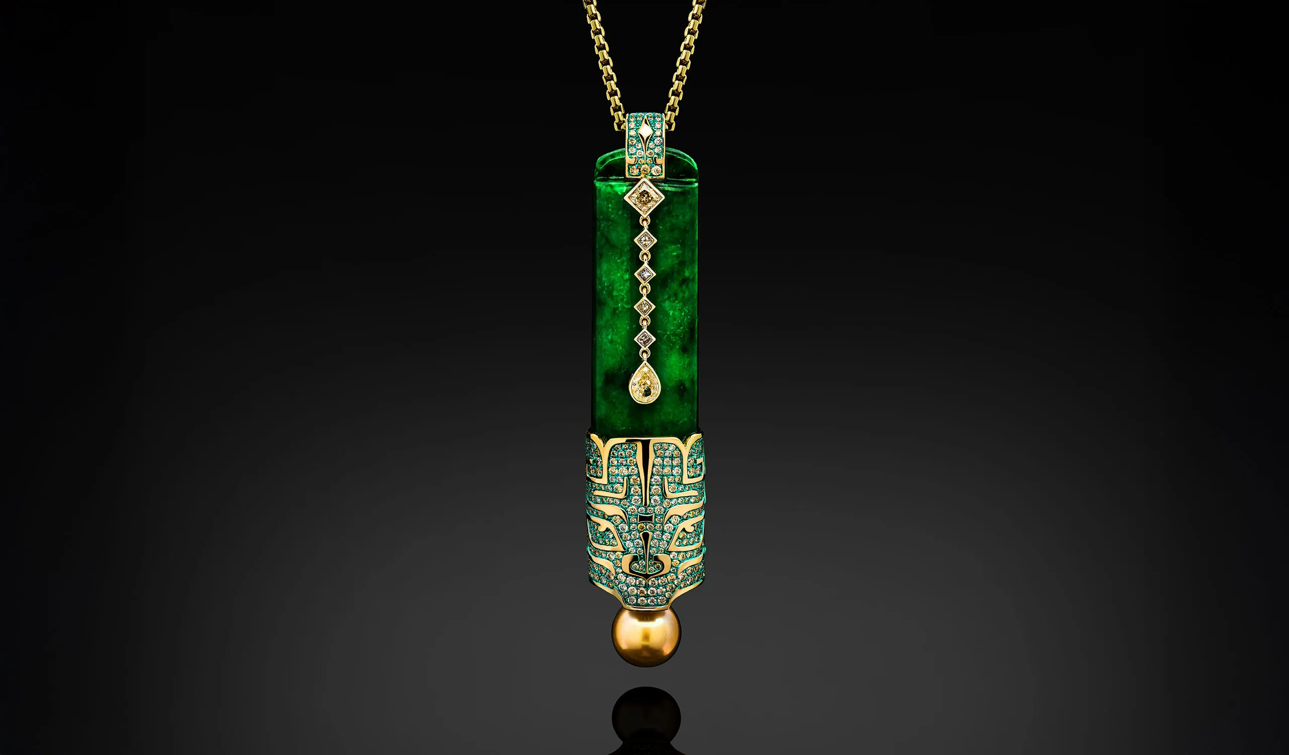 Austy Lee The Taotie Column pendant from The Jade Dynasty collection with Burmese green jade, South Sea golden pearl, fancy yellow diamonds and fancy colour diamonds set in 18k yellow gold 