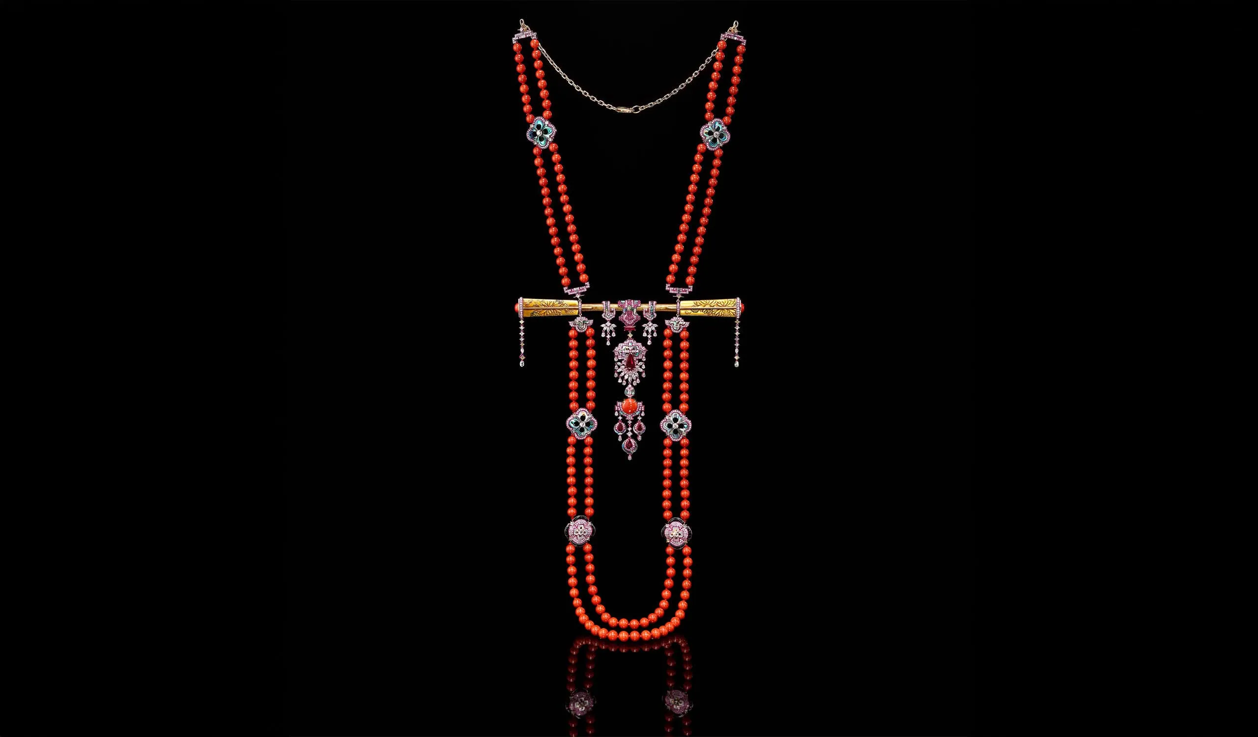 Austy Lee The Akai Amorōnagu necklace from The Ancient Fetus Collection with Mozambican unheated pigeon’s blood rubies, Momo red coral, antique Meiji make lacquer hairpin, mother of pearl, abalone shell, onyx, red and black enamel, and diamonds