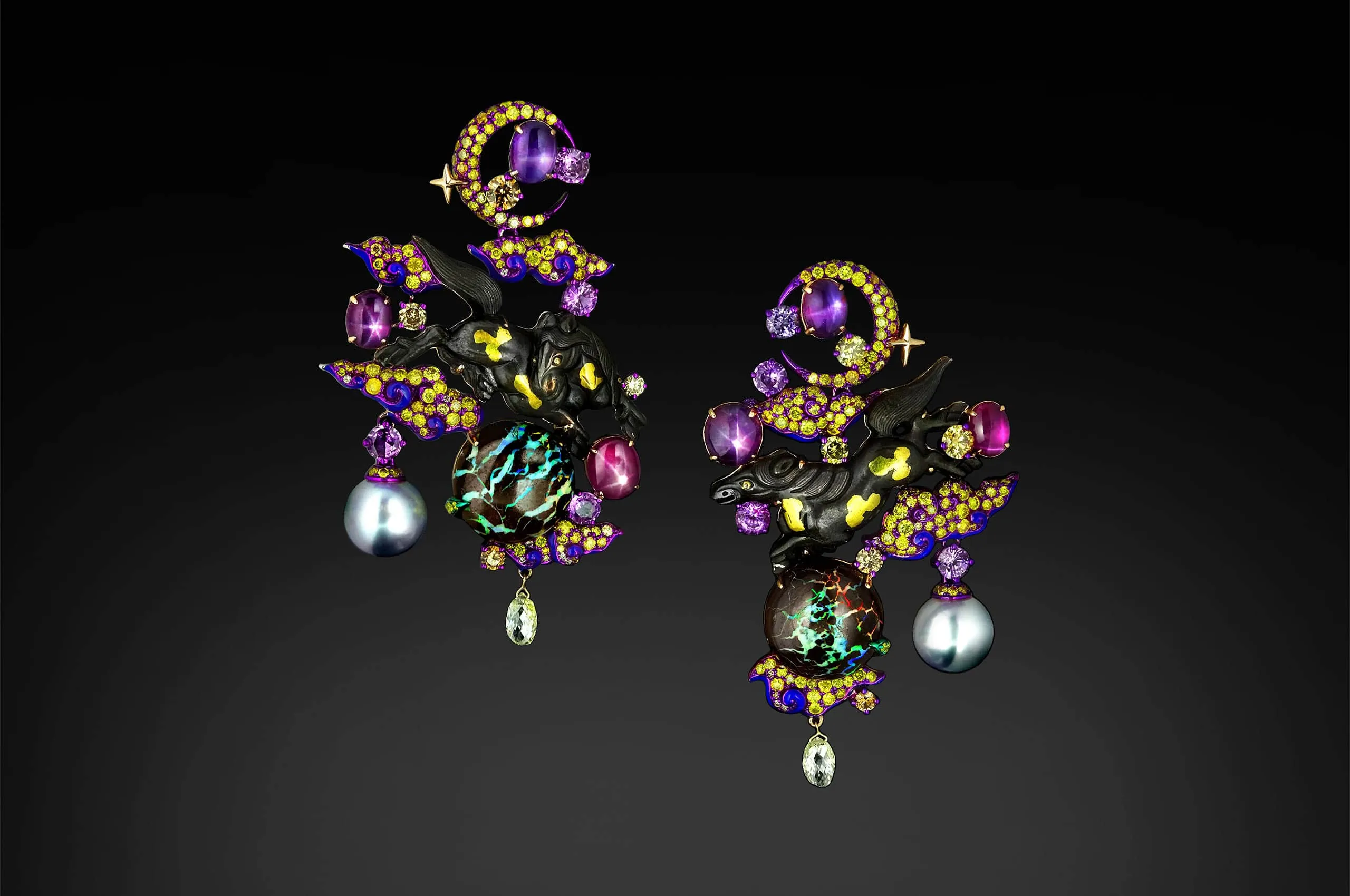 Austy Lee The Ama No Fuchigoma earrings from The Ancient Fetus Collection with Australian Yowah opals, South Sea pearls, Japanese antique Menuki, purple star sapphires, onyx, vivid yellow diamonds, and blue enamel