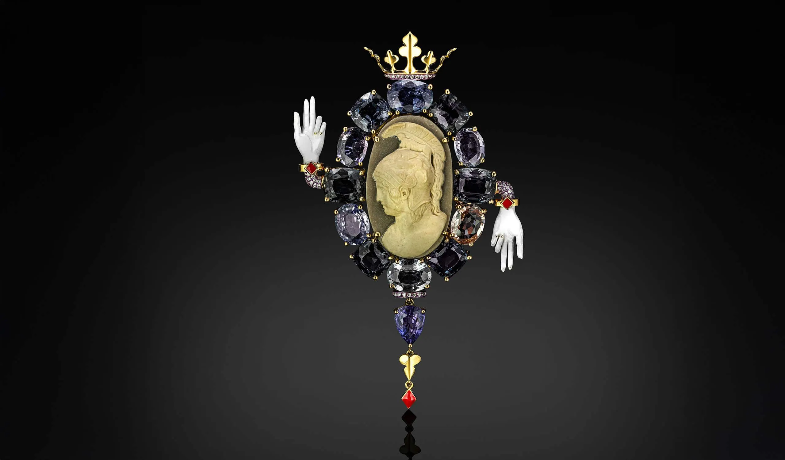Austy Lee The Justice of Ares brooch from The Ancient Fetus Collection with an antique agate cameo, sapphires, grey spinels, enamel, abalone shell, mother of pearl, and diamonds