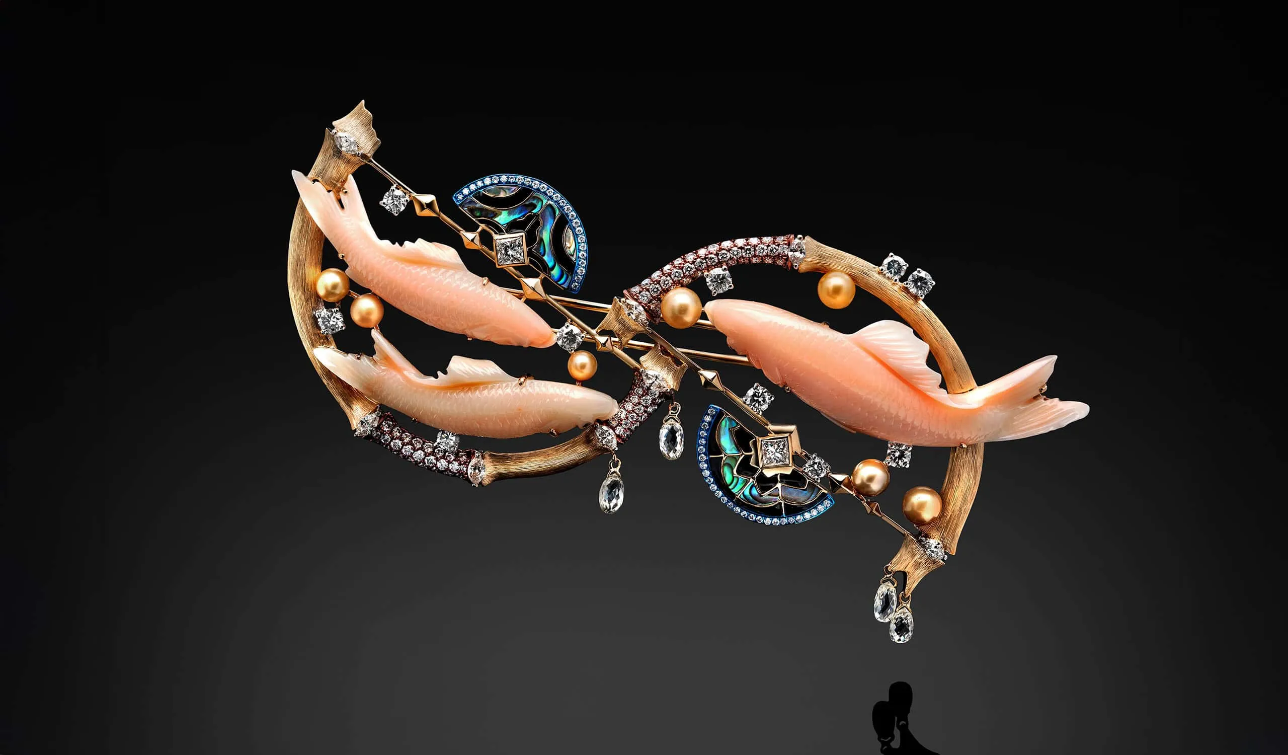 Austy Lee Koi brooch from The Ancient Fetus Collection with corals, abalone shell, natural South Sea pearls, black enamel, and diamonds