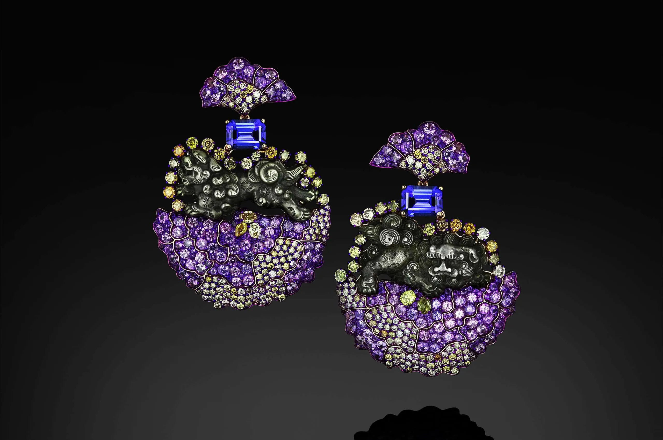 Austy Lee The Komainu & Peony earrings from The Ancient Fetus Collection with antique Menuki, sapphires, tanzanites, and diamonds