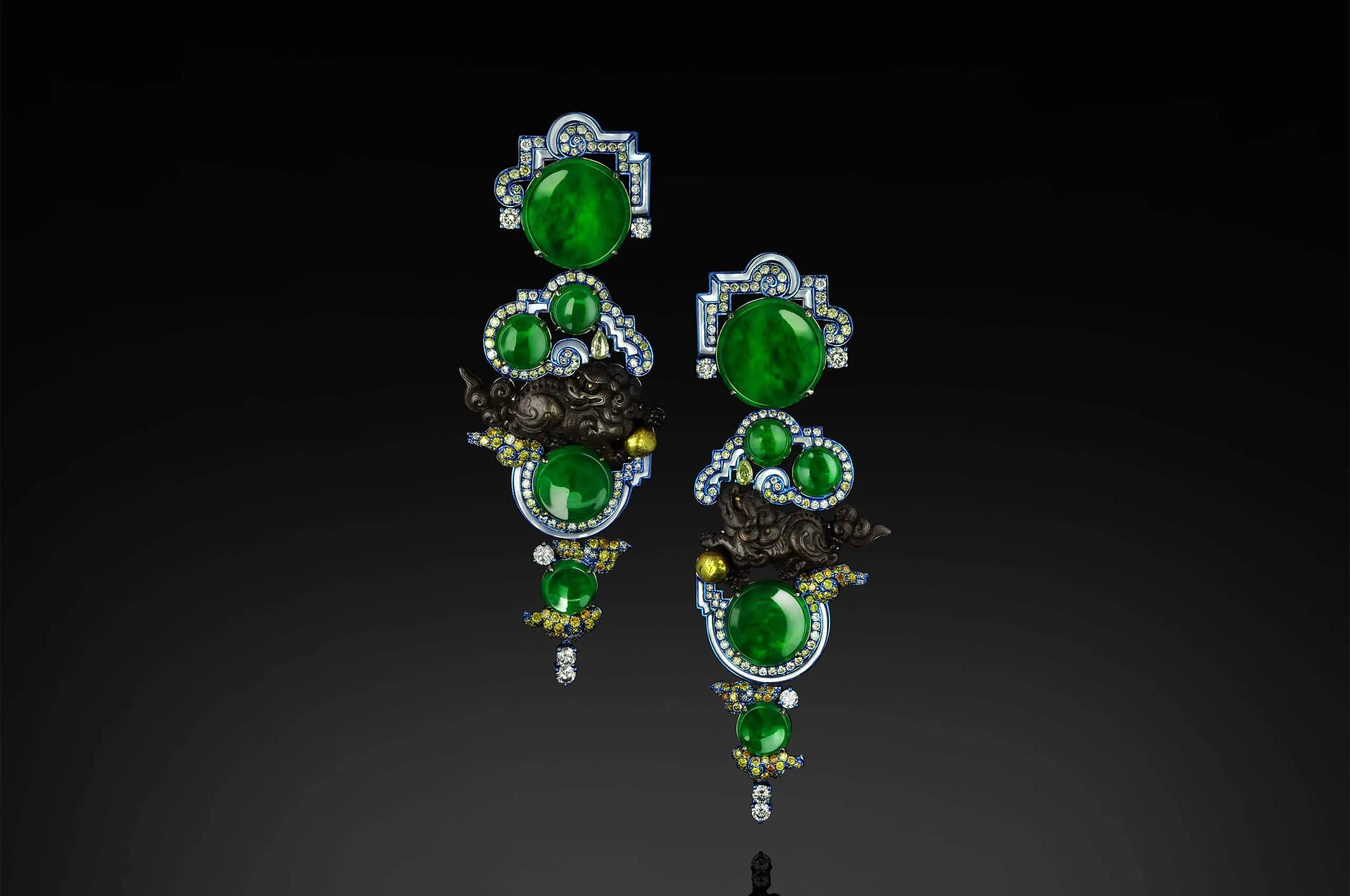 Austy Lee The Lions Dance in Five Directions earrings from The Ancient Fetus Collection with antique Menuki, green jades, mother of pearl, and diamonds