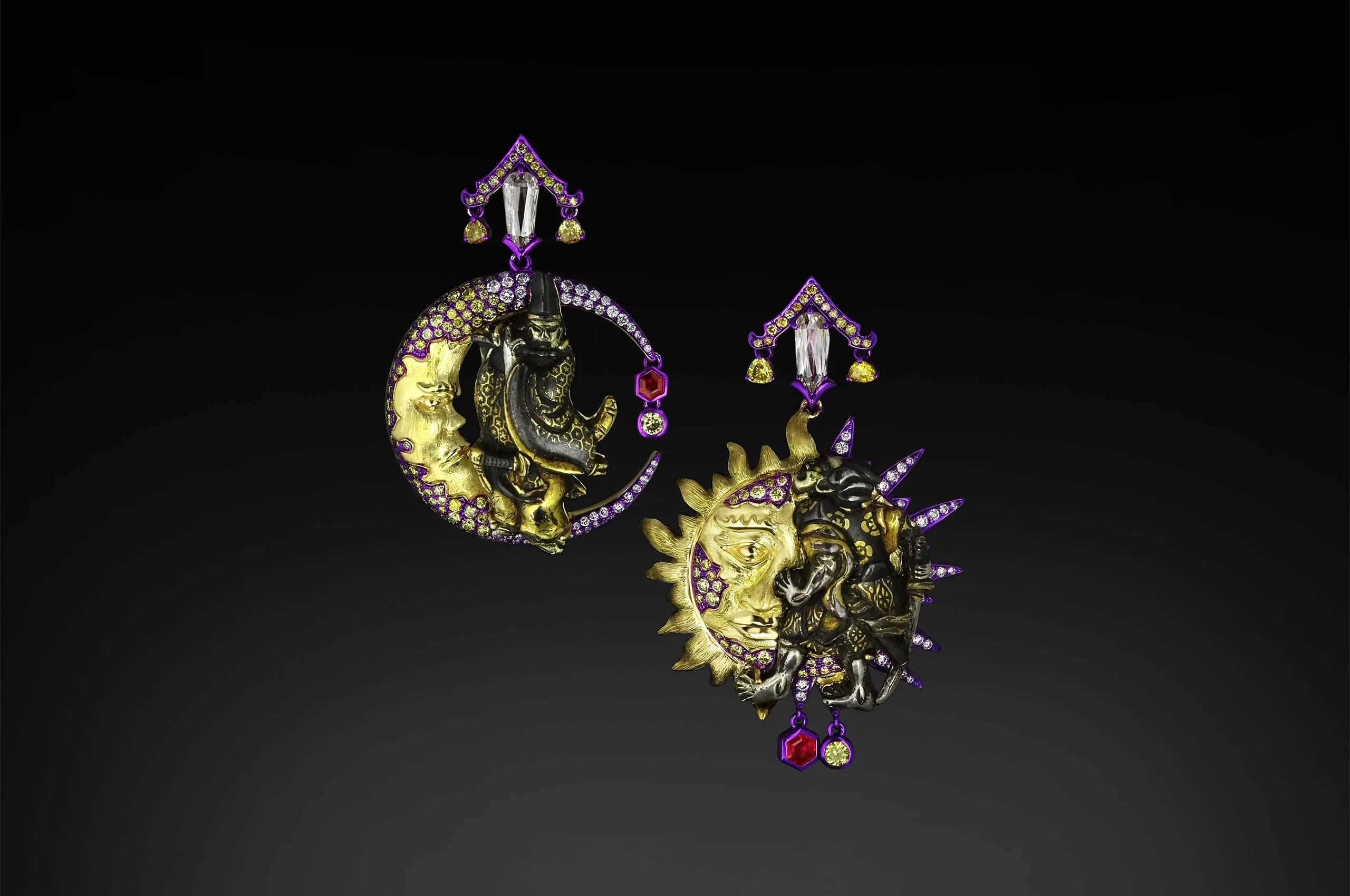 Austy Lee The Onmyōji' Days & Night earrings from The Ancient Fetus Collection with antique Menuki, Mozambican rubies, and diamonds