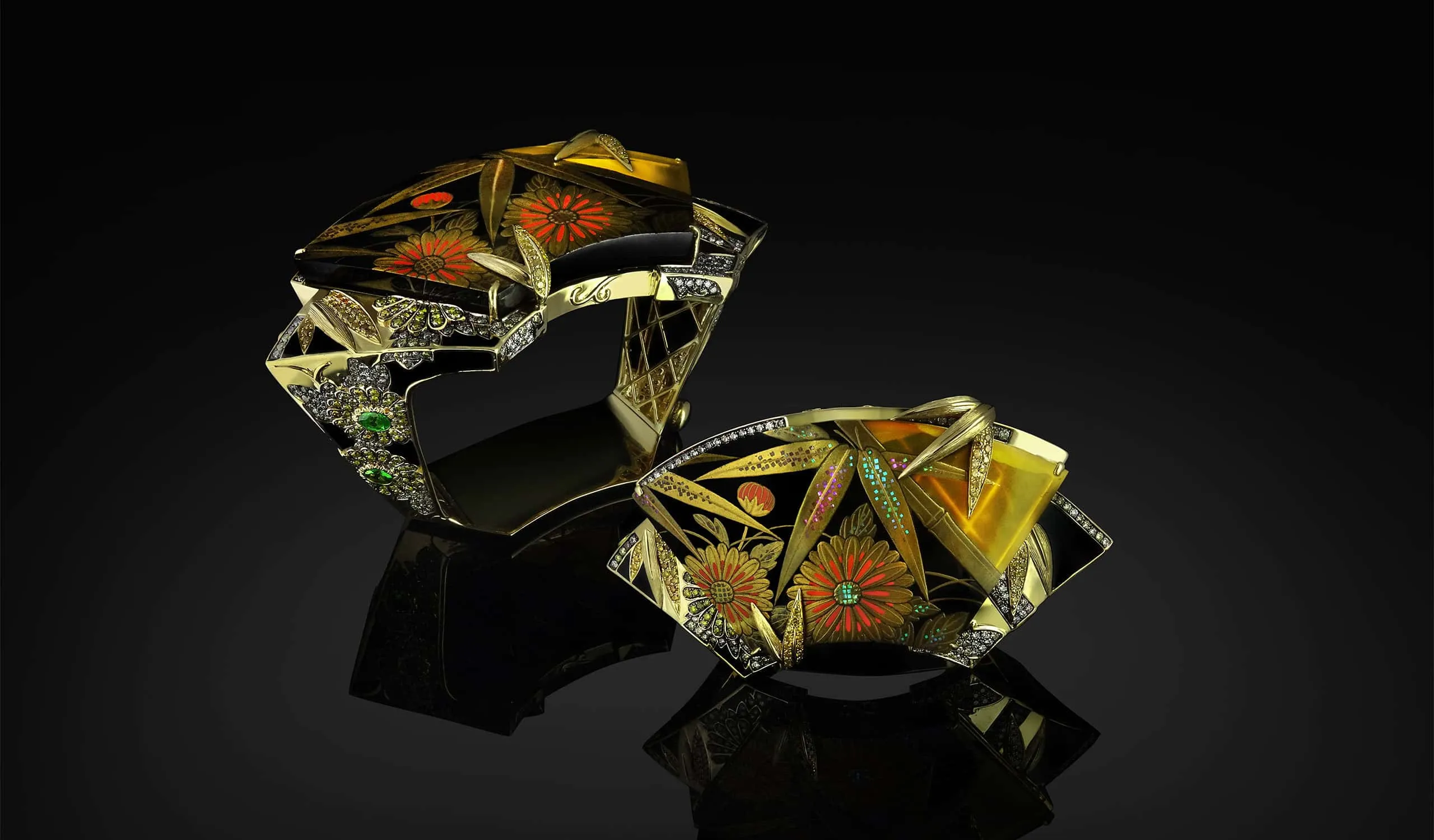 Austy Lee Ōoku bangle from The Ancient Fetus Collection with an antique lacquered kimono buckle, onyx, diamonds, and tsavorites