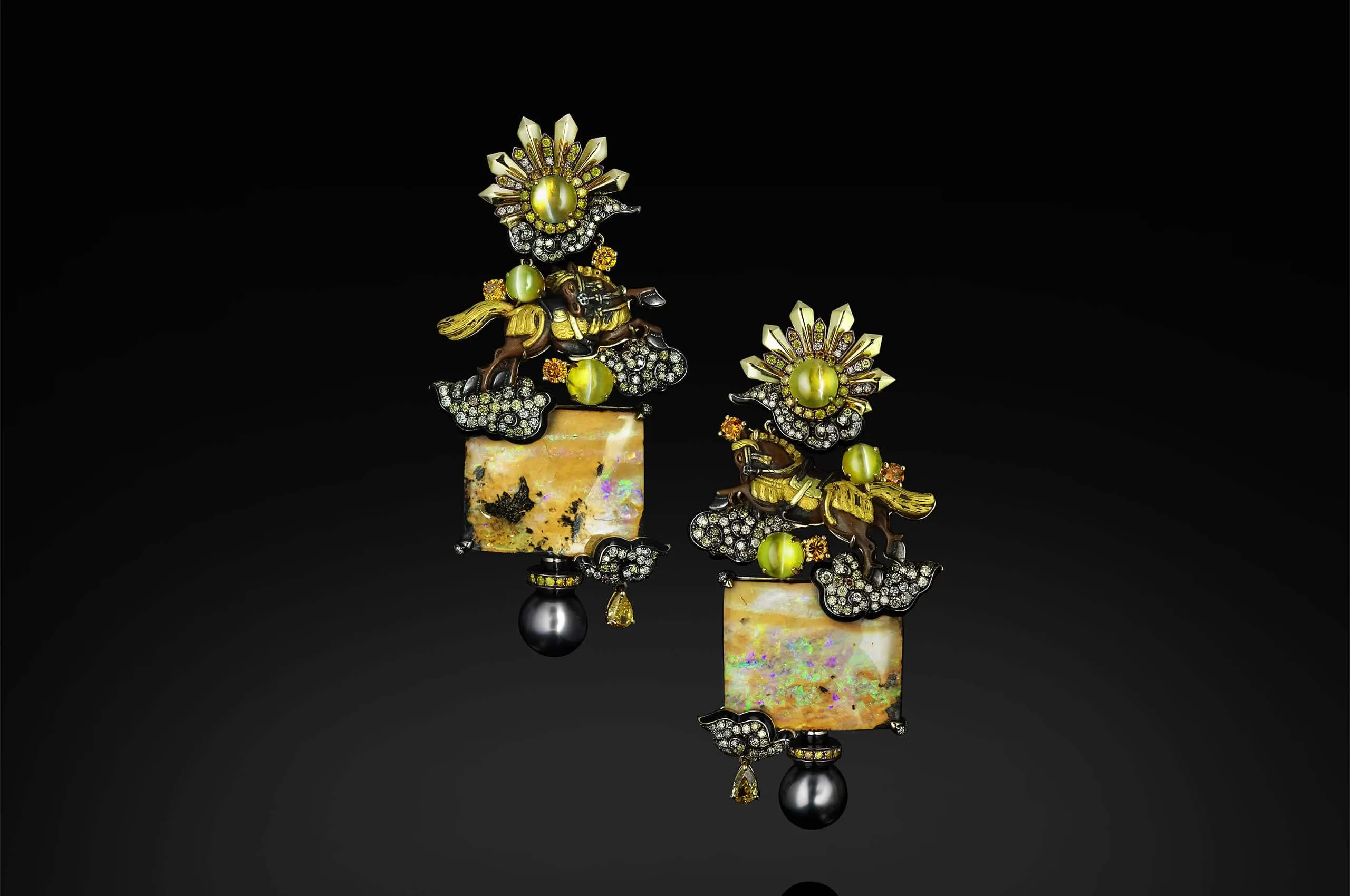 Austy Lee The Red Hare Chasing Sun earrings from The Ancient Fetus Collection with Australian boulder opals, Tahitian pearls, antique Menuki, cat’s eye chrysoberyl, onyx, and diamonds