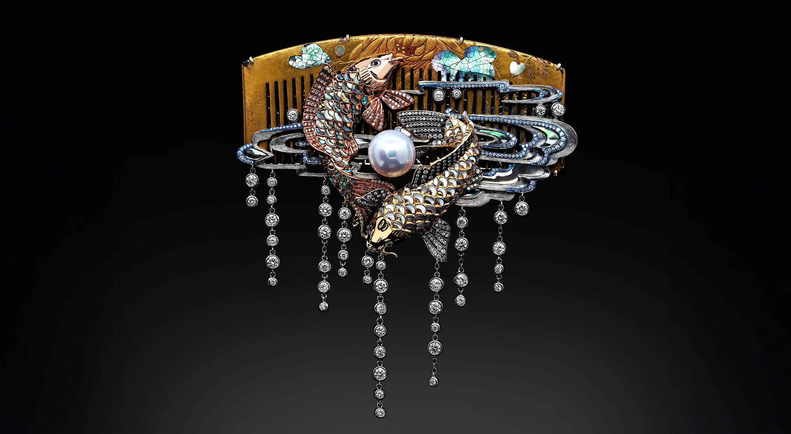 Austy Lee The Solar & Lunar brooch from The Ancient Fetus Collection with antique Japanese lacquerware, South Sea pearl, mother of pearl, abalone shell, and diamonds