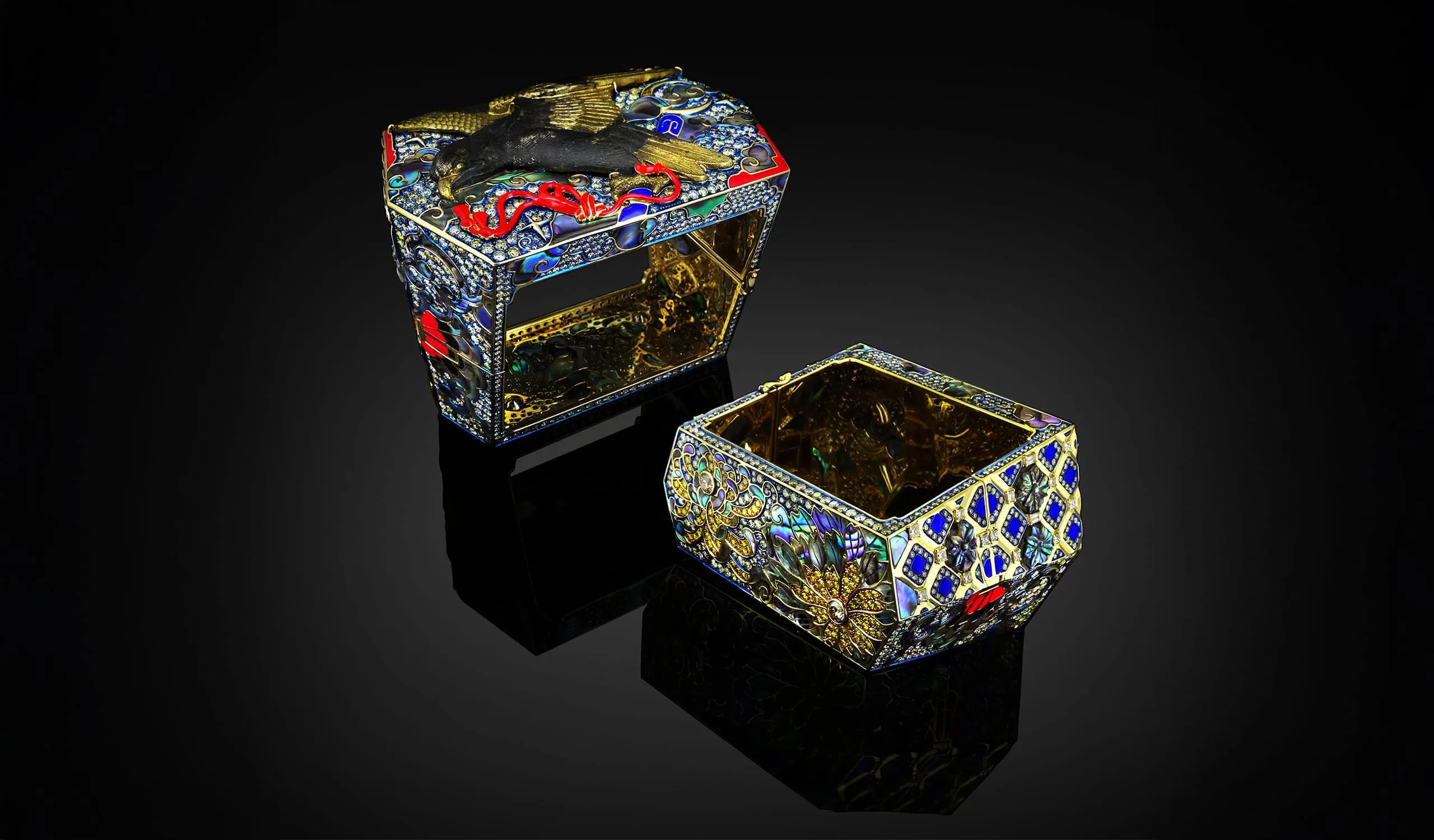 Austy Lee 'Un Berkutchi' bangle from The Ancient Fetus Collection with antique elements, sapphire, diamond, and abalone shell