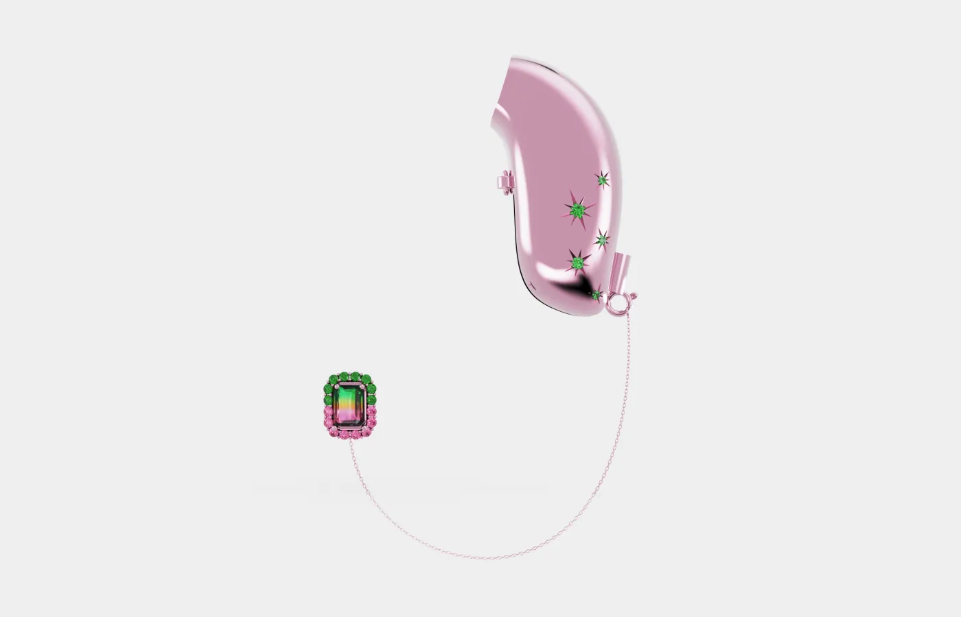 Auzi's hearing aid jewellery case from the Defying Limits collection, featuring a cover made of colour-plated 925 sterling silver, including a detachable chain and watermelon tourmaline stud earring